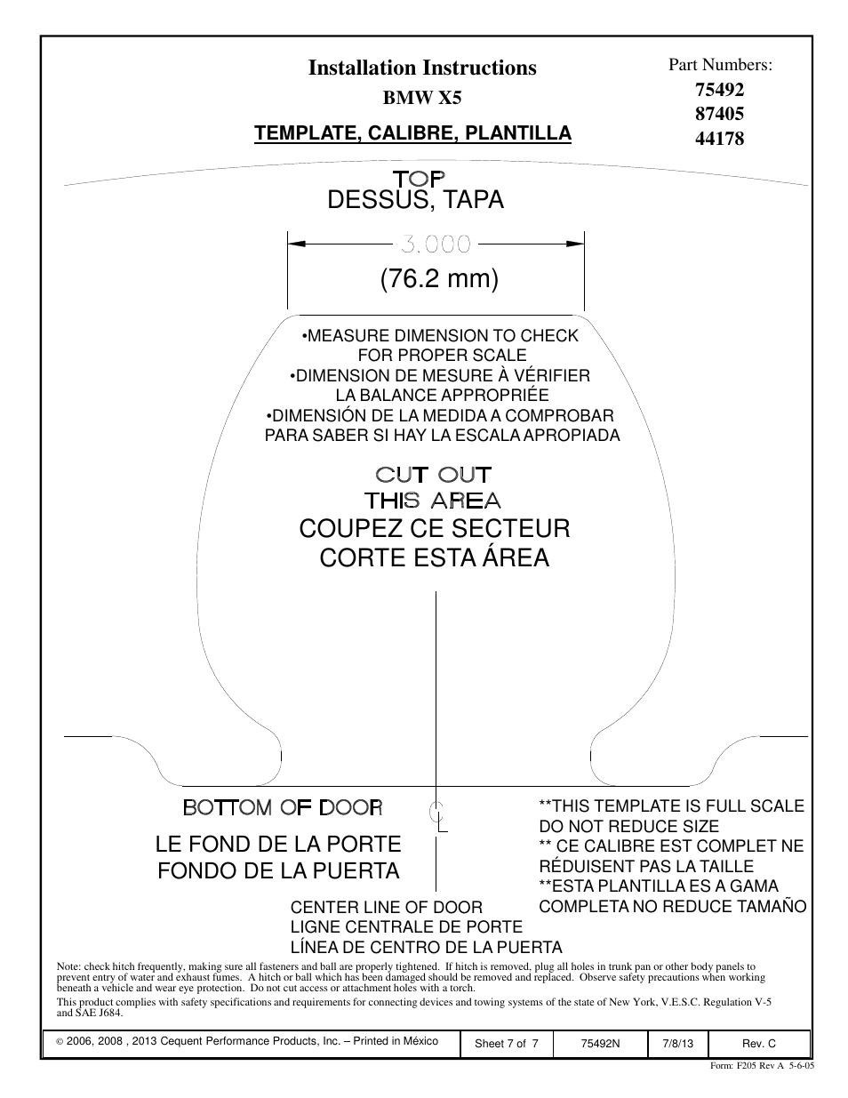 2 mm), Coupez ce secteur corte esta área, Dessus, tapa | Installation instructions, Le fond de la porte fondo de la puerta | Reese 44178 PROFESSIONAL RECEIVER User Manual | Page 7 / 7