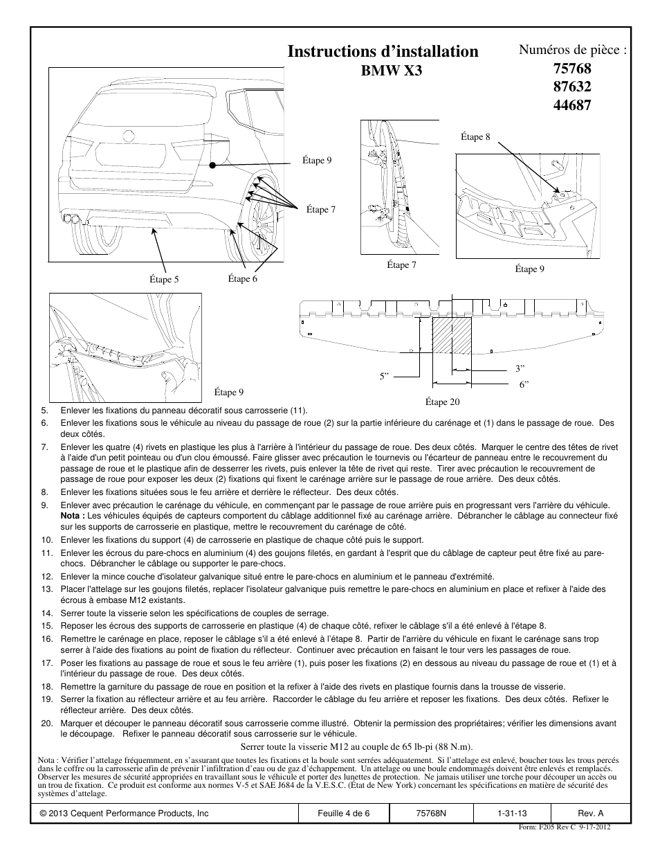 Instructions d’installation, Numéros de pièce | Reese 44687 PROFESSIONAL RECEIVER User Manual | Page 4 / 6