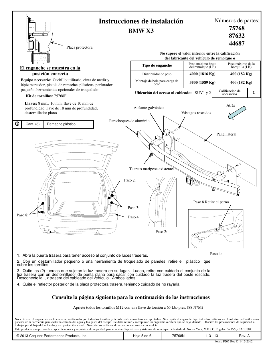 Instrucciones de instalación, Números de partes | Reese 44687 PROFESSIONAL RECEIVER User Manual | Page 5 / 6