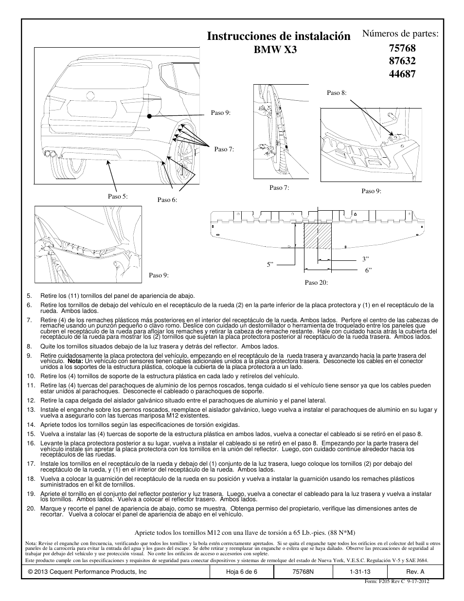 Instrucciones de instalación, Números de partes | Reese 44687 PROFESSIONAL RECEIVER User Manual | Page 6 / 6