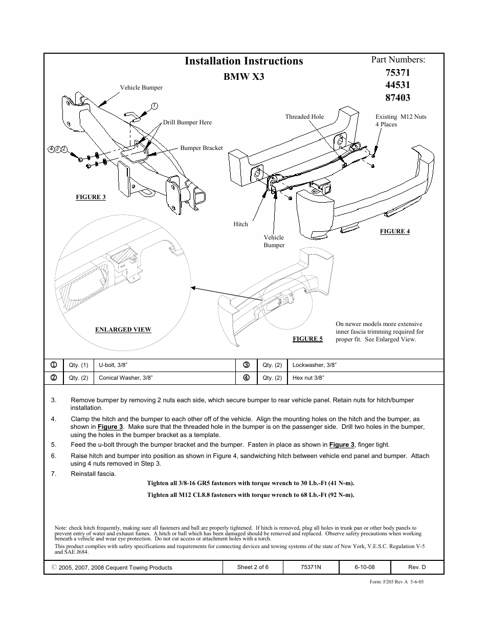 Installation instructions, Bmw x3, Part numbers | Reese 44531 PROFESSIONAL RECEIVER User Manual | Page 2 / 6