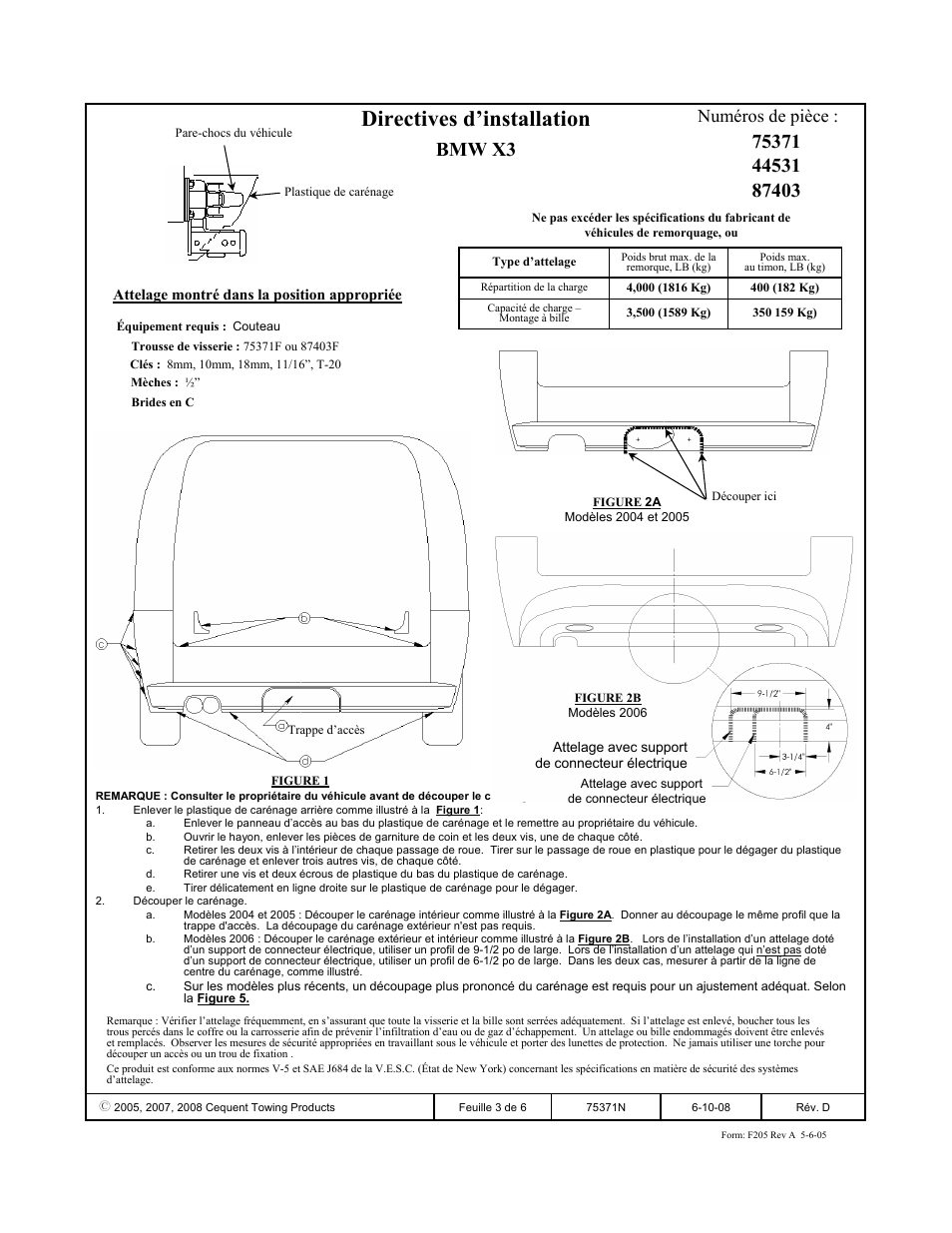 Directives d’installation, Bmw x3, Numéros de pièce | Reese 44531 PROFESSIONAL RECEIVER User Manual | Page 3 / 6