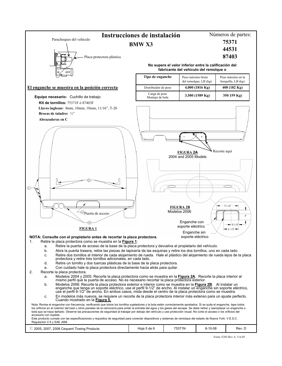 Instrucciones de instalación, Bmw x3, Números de partes | Reese 44531 PROFESSIONAL RECEIVER User Manual | Page 5 / 6