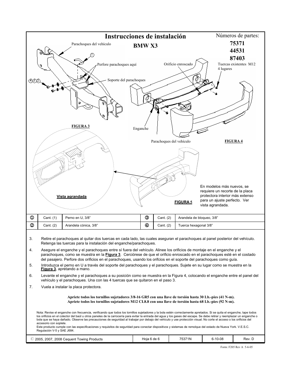 Instrucciones de instalación, Bmw x3, Números de partes | Reese 44531 PROFESSIONAL RECEIVER User Manual | Page 6 / 6