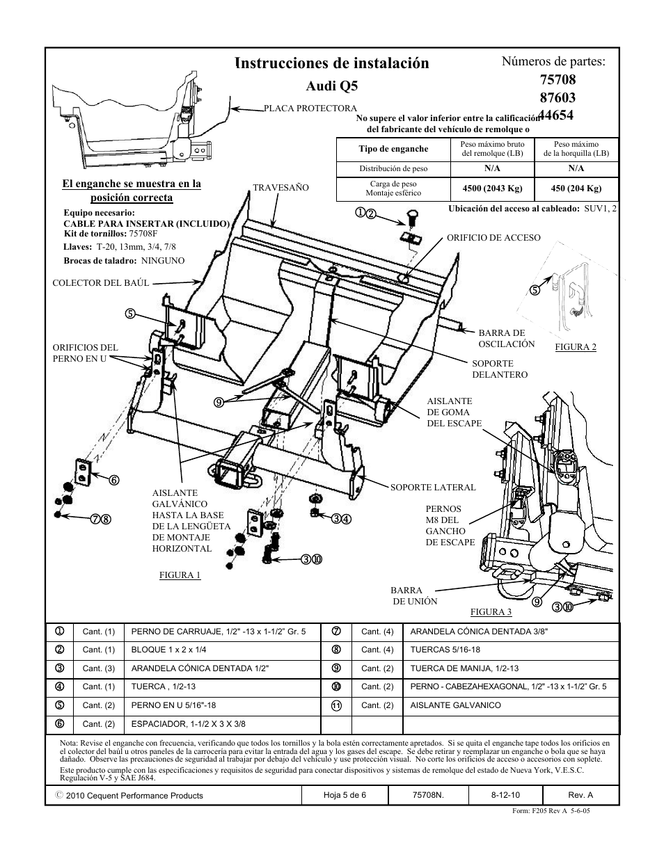 Instrucciones de instalación, Audi q5, Números de partes | Reese 44654 PROFESSIONAL RECEIVER User Manual | Page 5 / 6