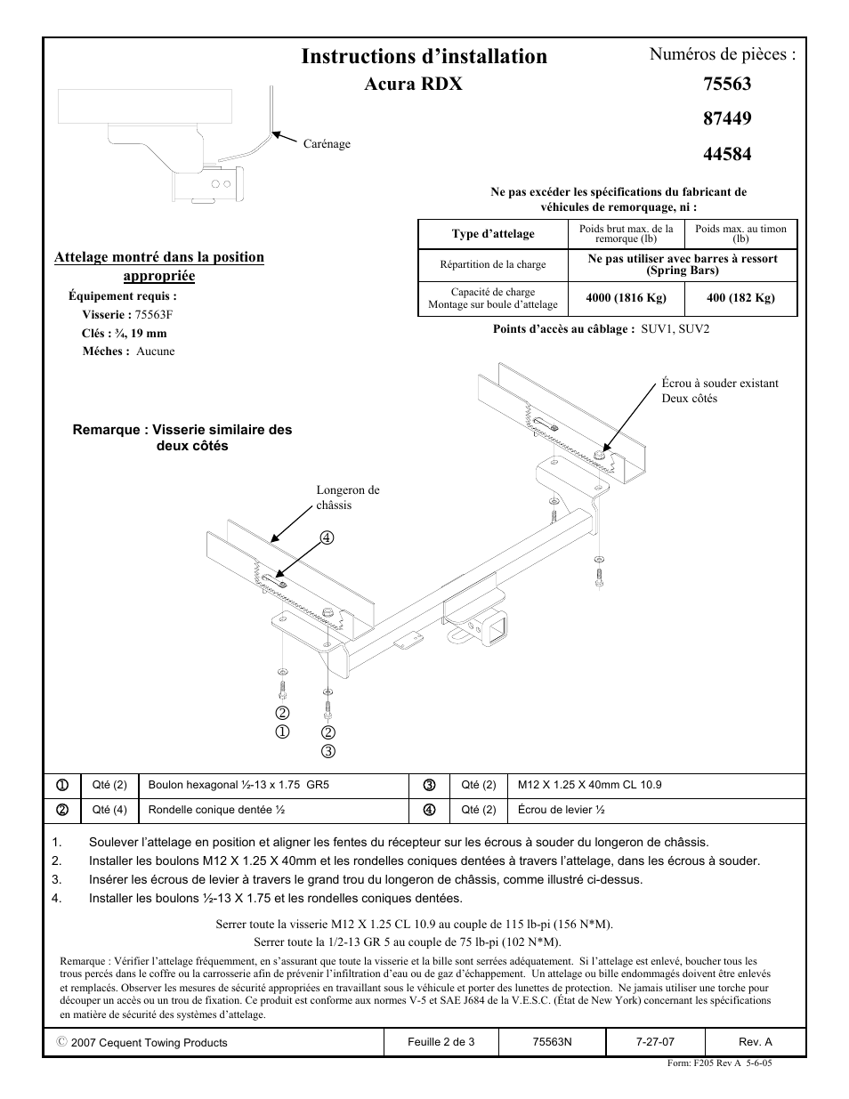 Instructions d’installation, Acura rdx, Numéros de pièces | Reese 44584 PROFESSIONAL RECEIVER User Manual | Page 2 / 3