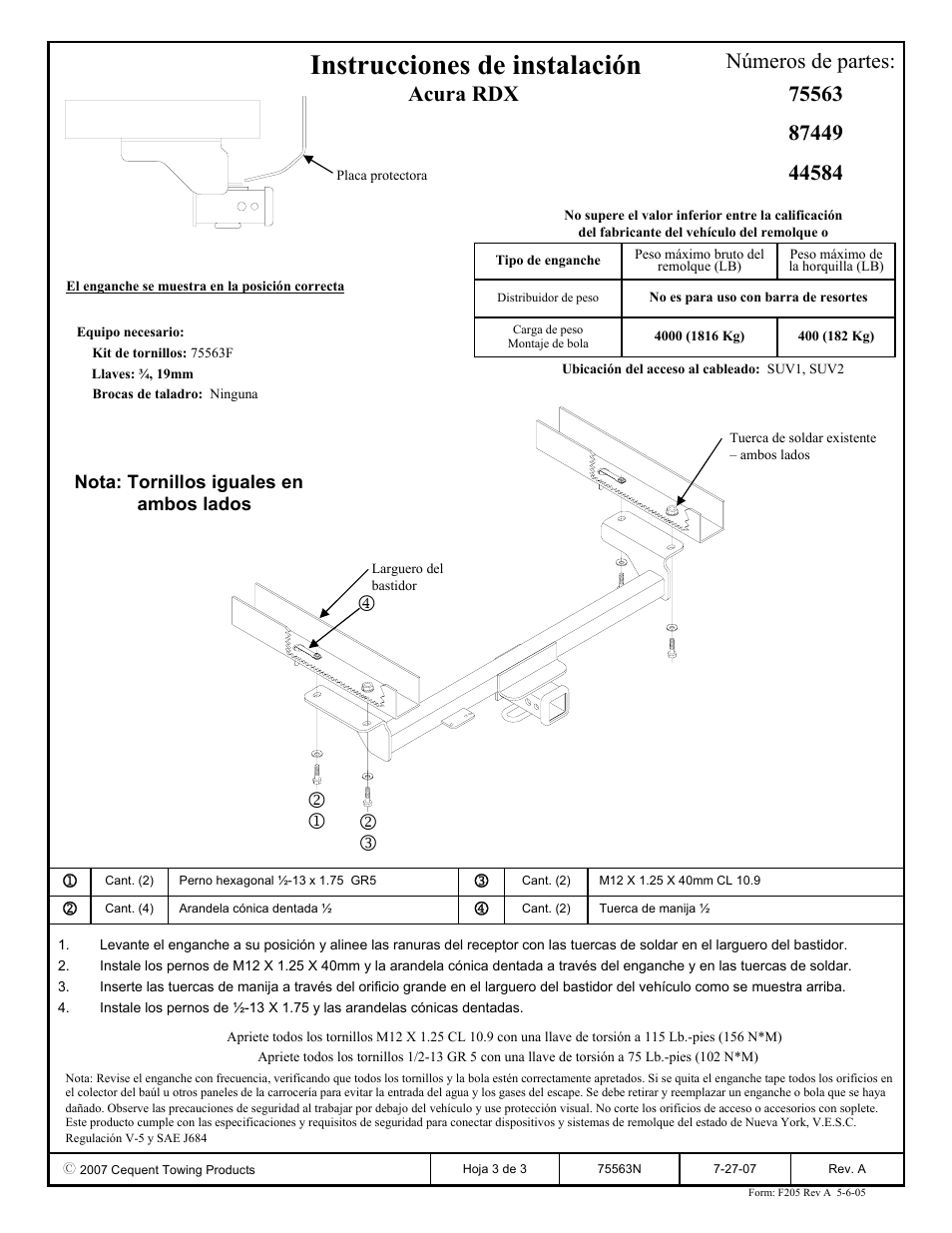 Instrucciones de instalación, Acura rdx números de partes | Reese 44584 PROFESSIONAL RECEIVER User Manual | Page 3 / 3