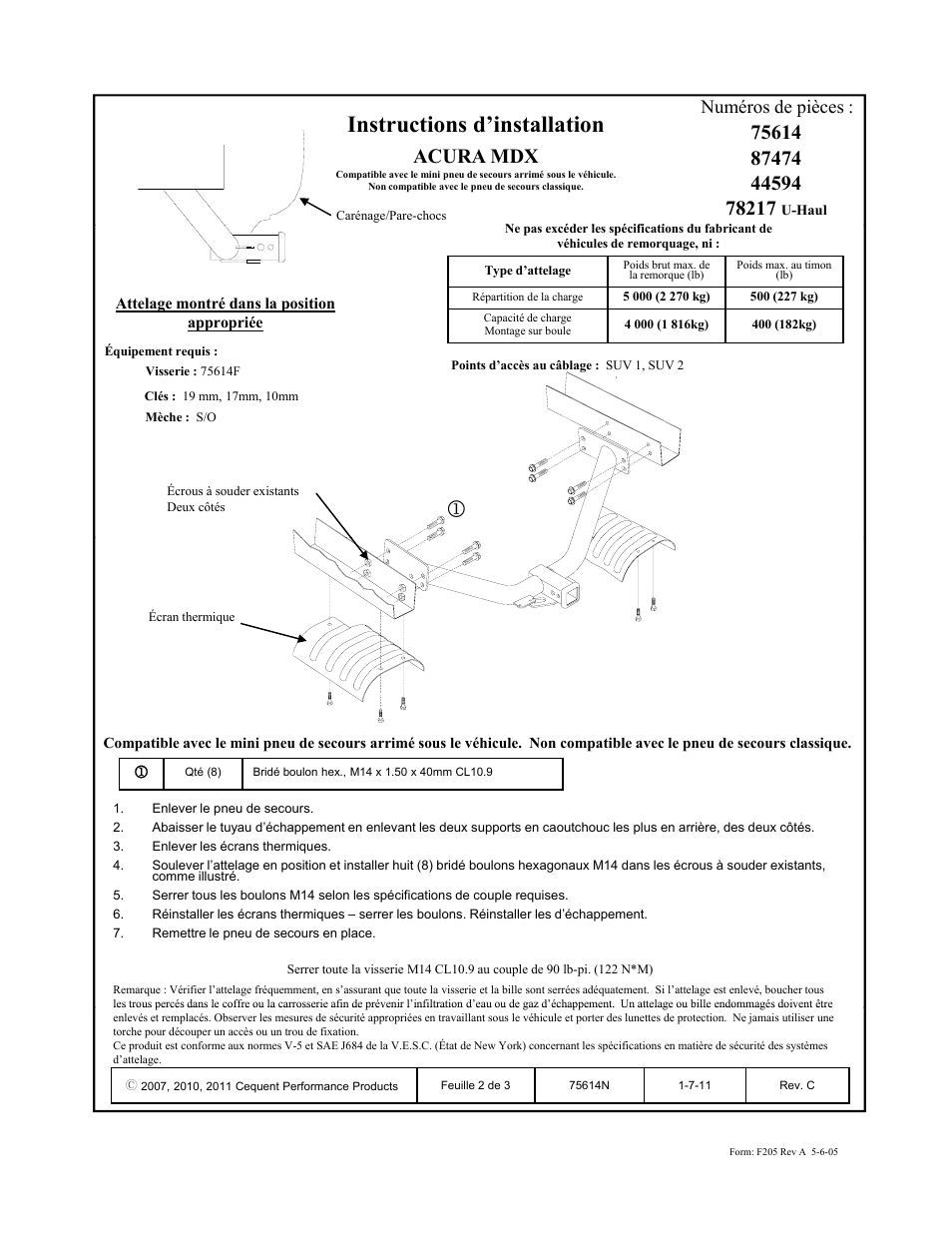 Instructions d’installation, Acura mdx, Numéros de pièces | Reese 44594 PROFESSIONAL RECEIVER User Manual | Page 2 / 3