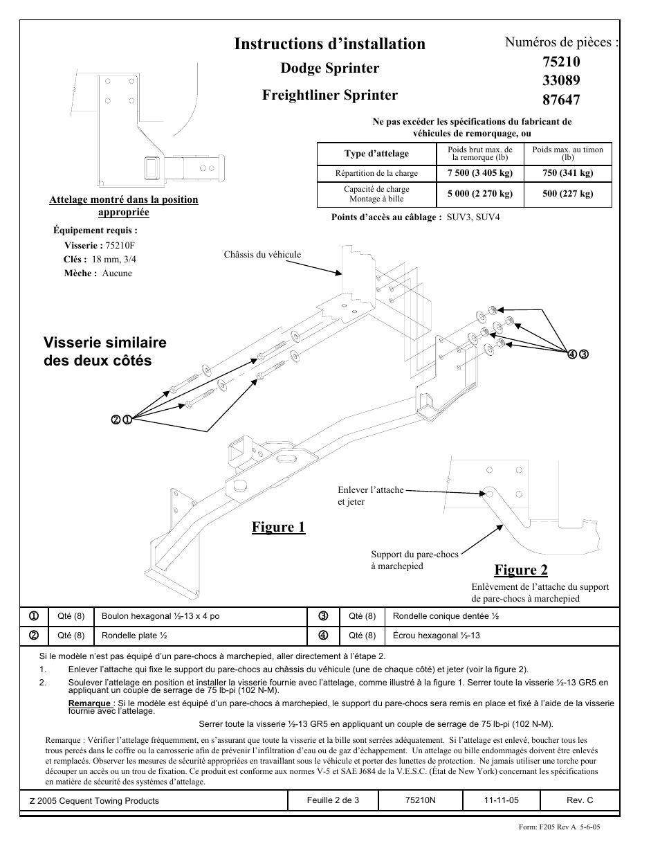 Instructions d’installation, Dodge sprinter freightliner sprinter, Figure 2 | Figure 1 visserie similaire des deux côtés, Numéros de pièces | Reese 33089 PROFESSIONAL RECEIVER User Manual | Page 2 / 3