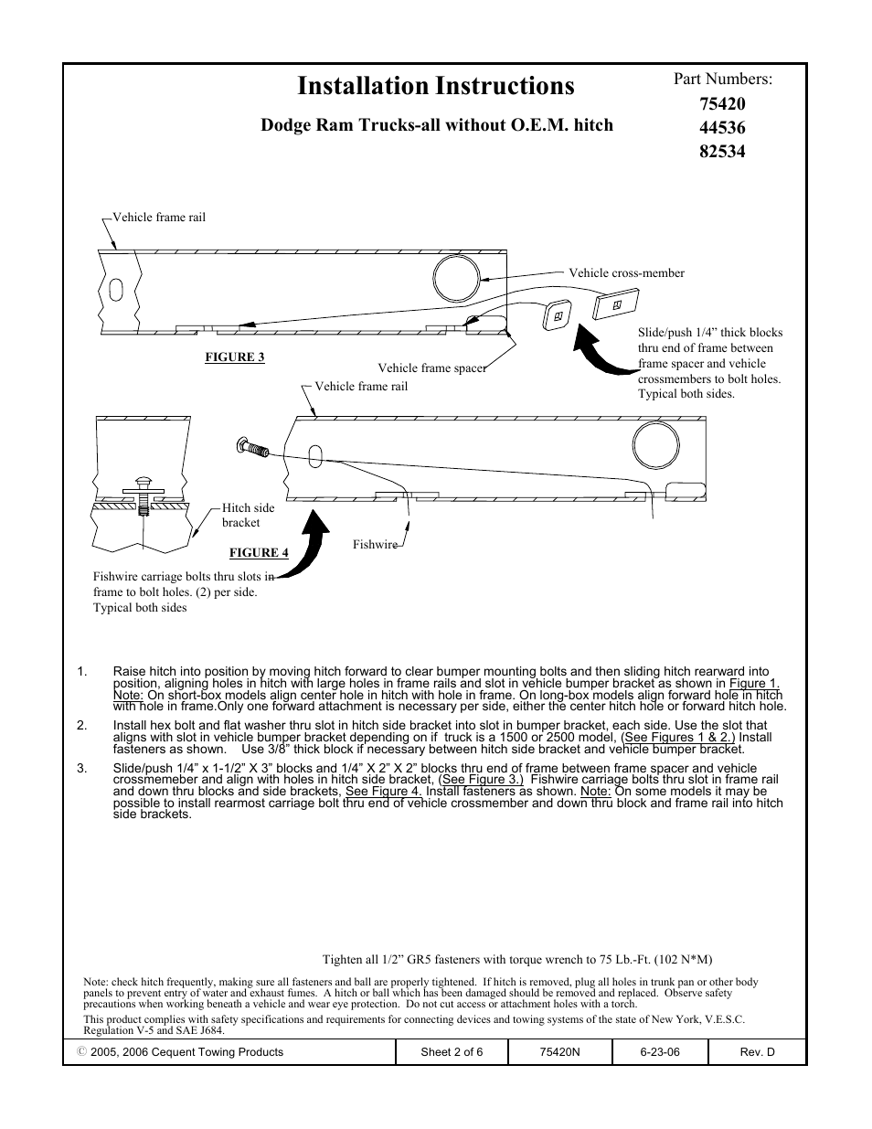 Installation instructions, Dodge ram trucks-all without o.e.m. hitch | Reese 44536 PROFESSIONAL RECEIVER User Manual | Page 2 / 6