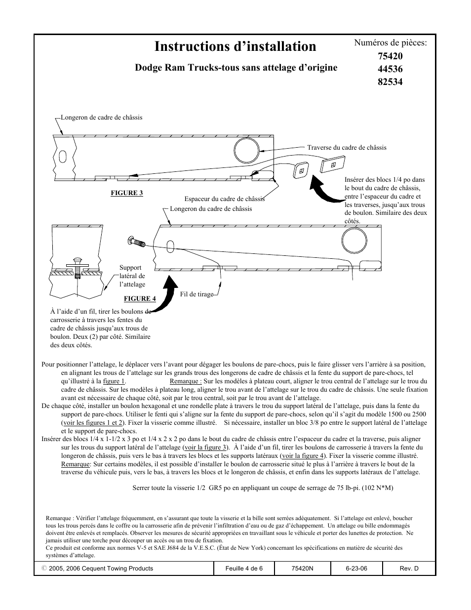 Instructions d’installation, Dodge ram trucks-tous sans attelage d’origine | Reese 44536 PROFESSIONAL RECEIVER User Manual | Page 4 / 6