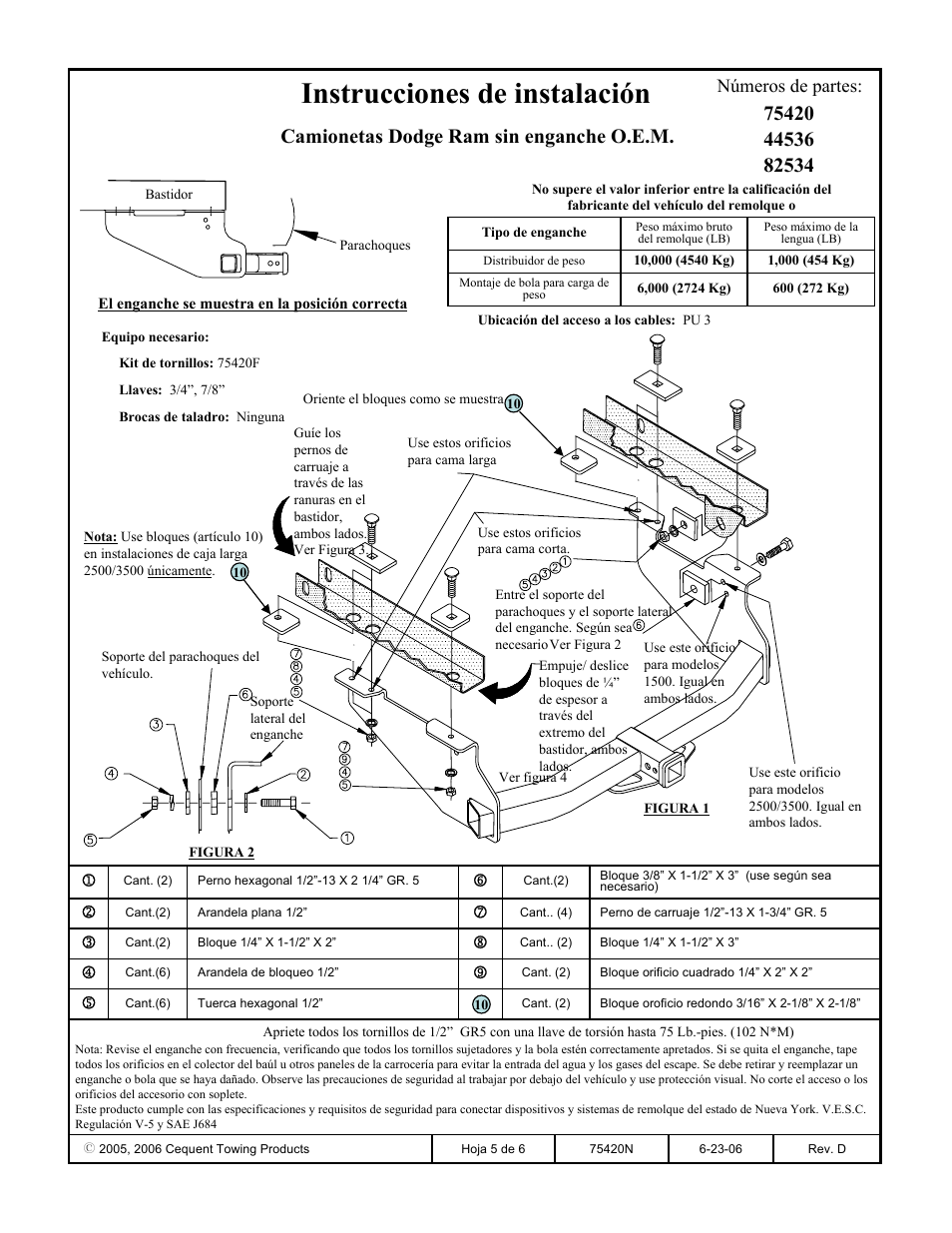 Instrucciones de instalación, Números de partes | Reese 44536 PROFESSIONAL RECEIVER User Manual | Page 5 / 6