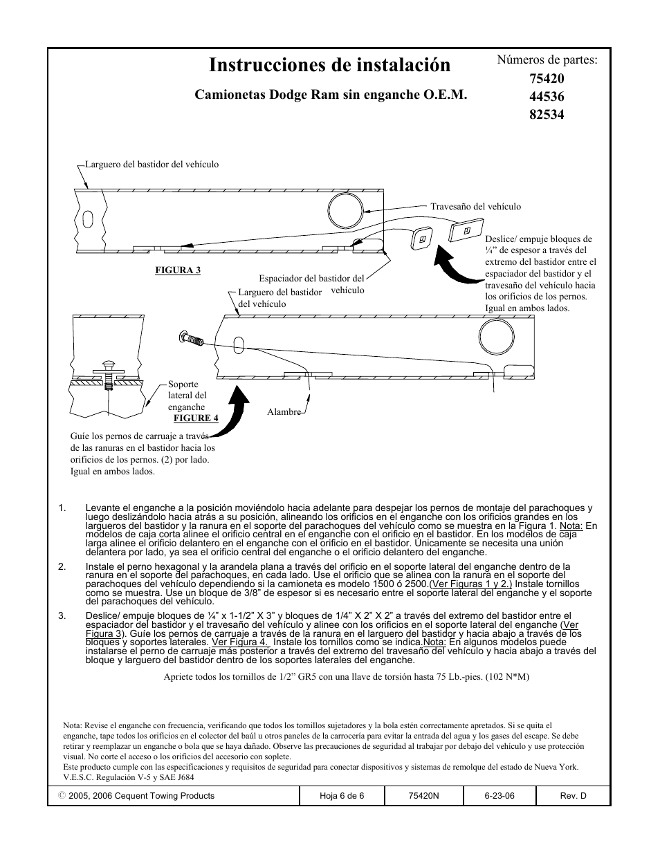 Instrucciones de instalación, Camionetas dodge ram sin enganche o.e.m | Reese 44536 PROFESSIONAL RECEIVER User Manual | Page 6 / 6