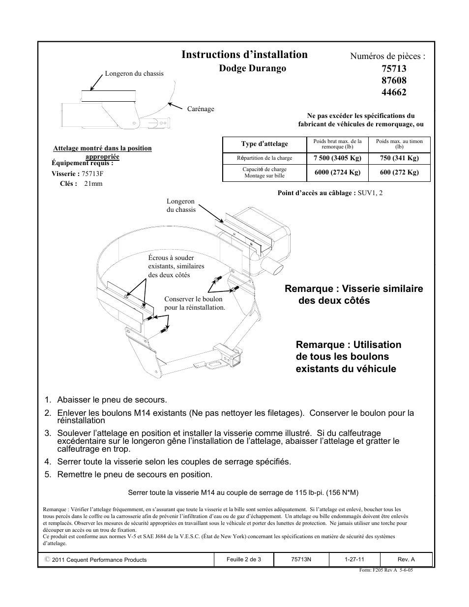 Instructions d’installation, Dodge durango, Remarque : visserie similaire des deux côtés | Rutili ti | Reese 44662 PROFESSIONAL RECEIVER User Manual | Page 2 / 3