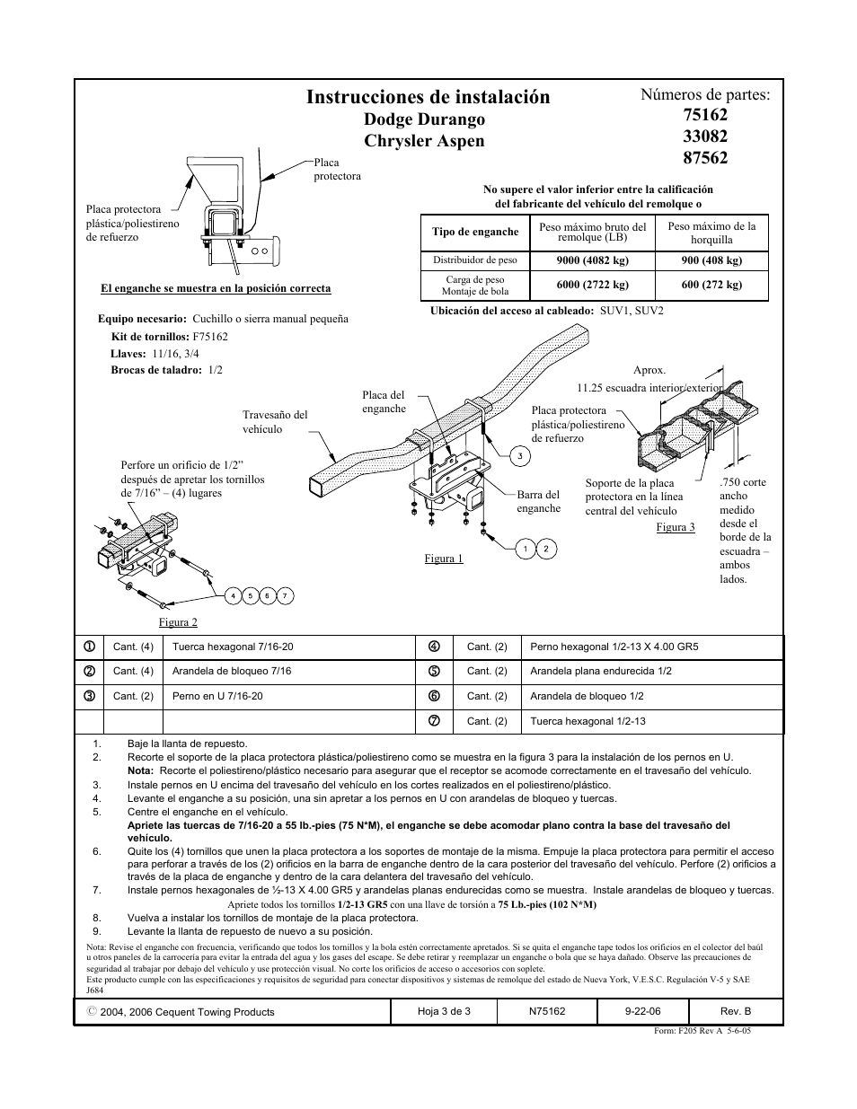 Instrucciones de instalación, Dodge durango chrysler aspen, Números de partes | Reese 33082 PROFESSIONAL RECEIVER User Manual | Page 3 / 3