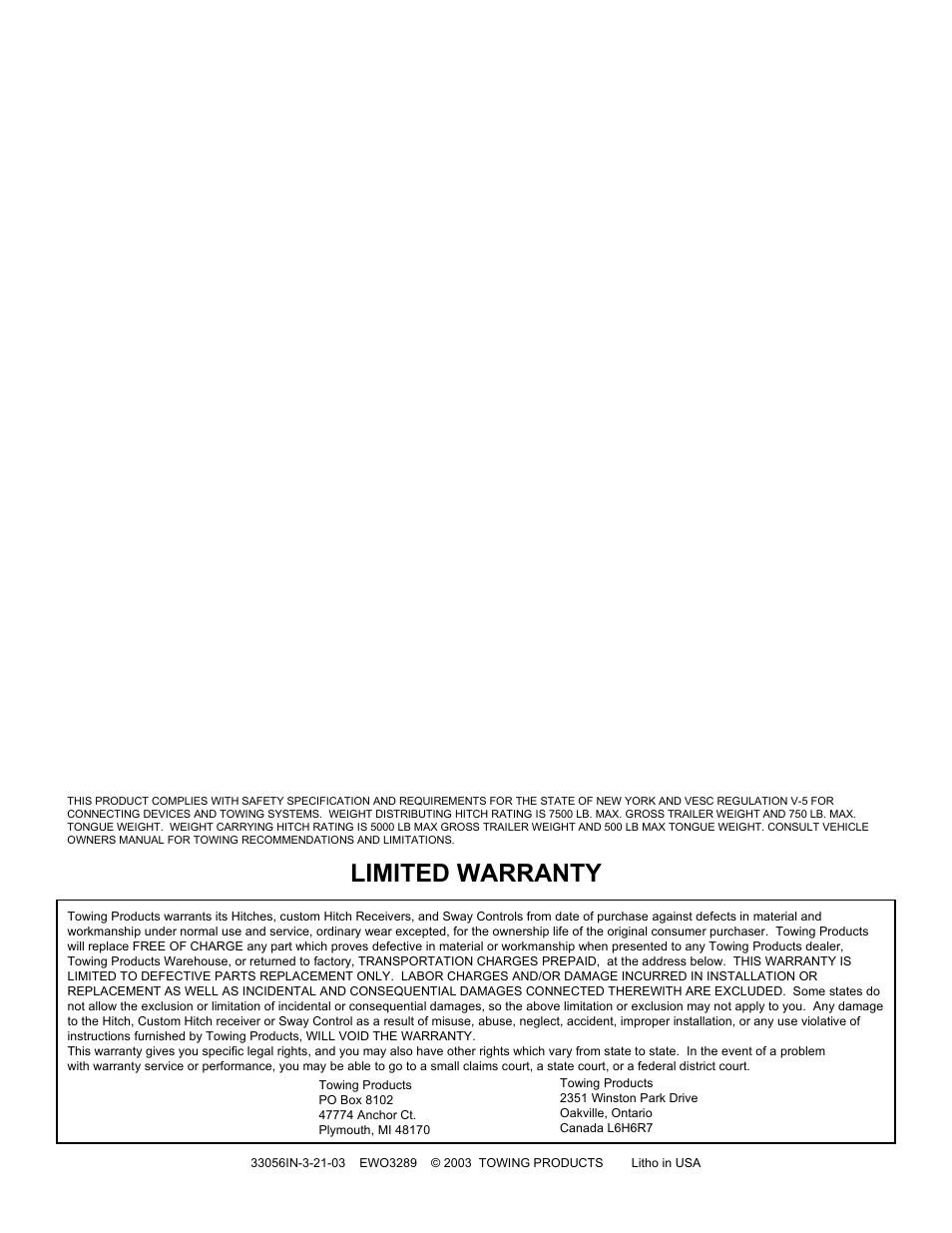 Limited warranty | Reese 33056 PROFESSIONAL RECEIVER User Manual | Page 2 / 2