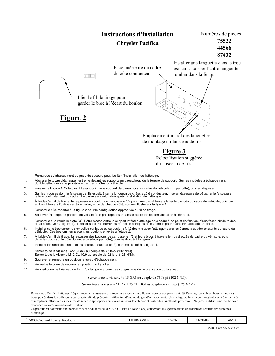 Figure 2, Instructions d’installation, Figure 3 | Chrysler pacifica, Numéros de pièces | Reese 44566 PROFESSIONAL RECEIVER User Manual | Page 4 / 6