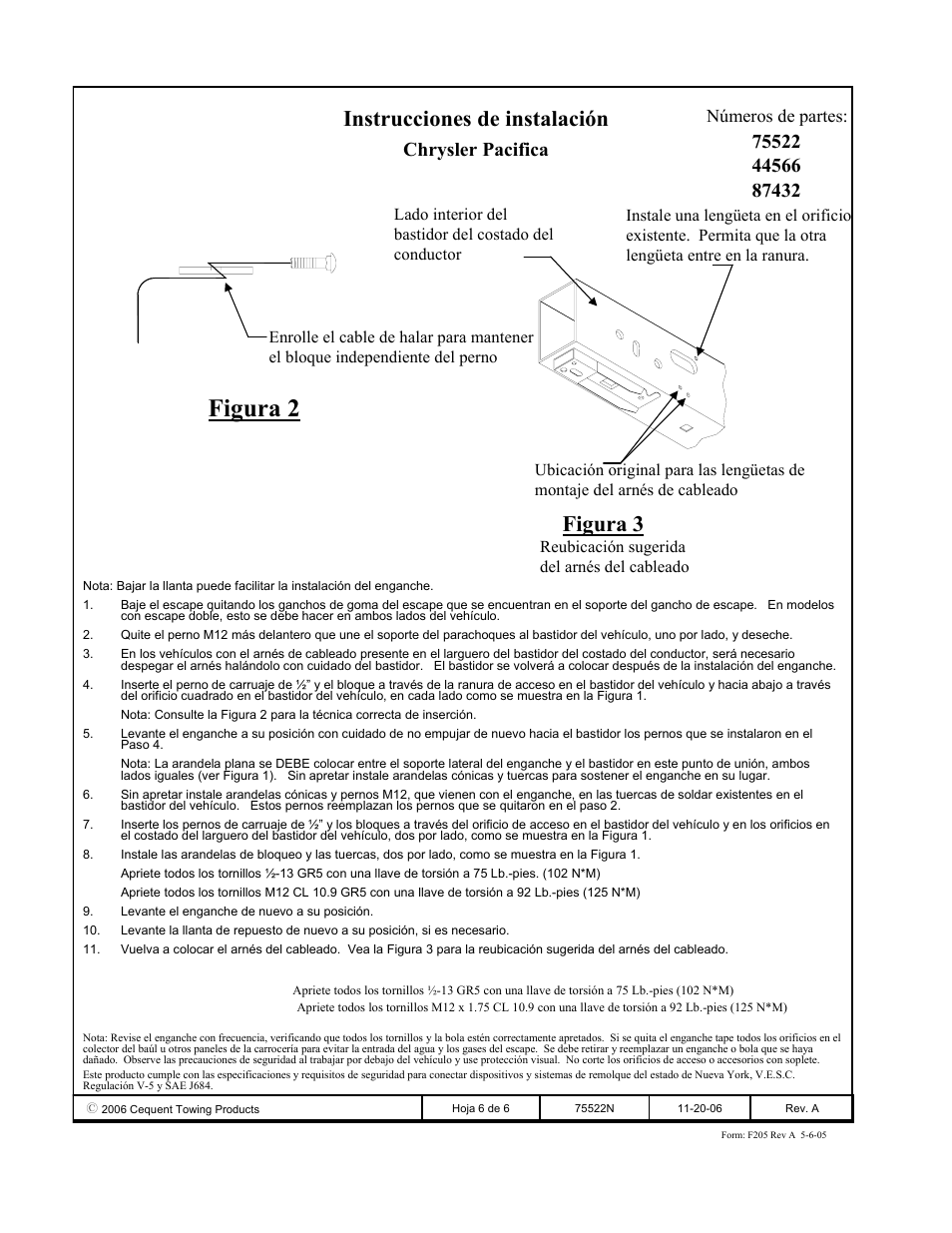 Figura 2, Instrucciones de instalación, Figura 3 | Chrysler pacifica, Números de partes | Reese 44566 PROFESSIONAL RECEIVER User Manual | Page 6 / 6