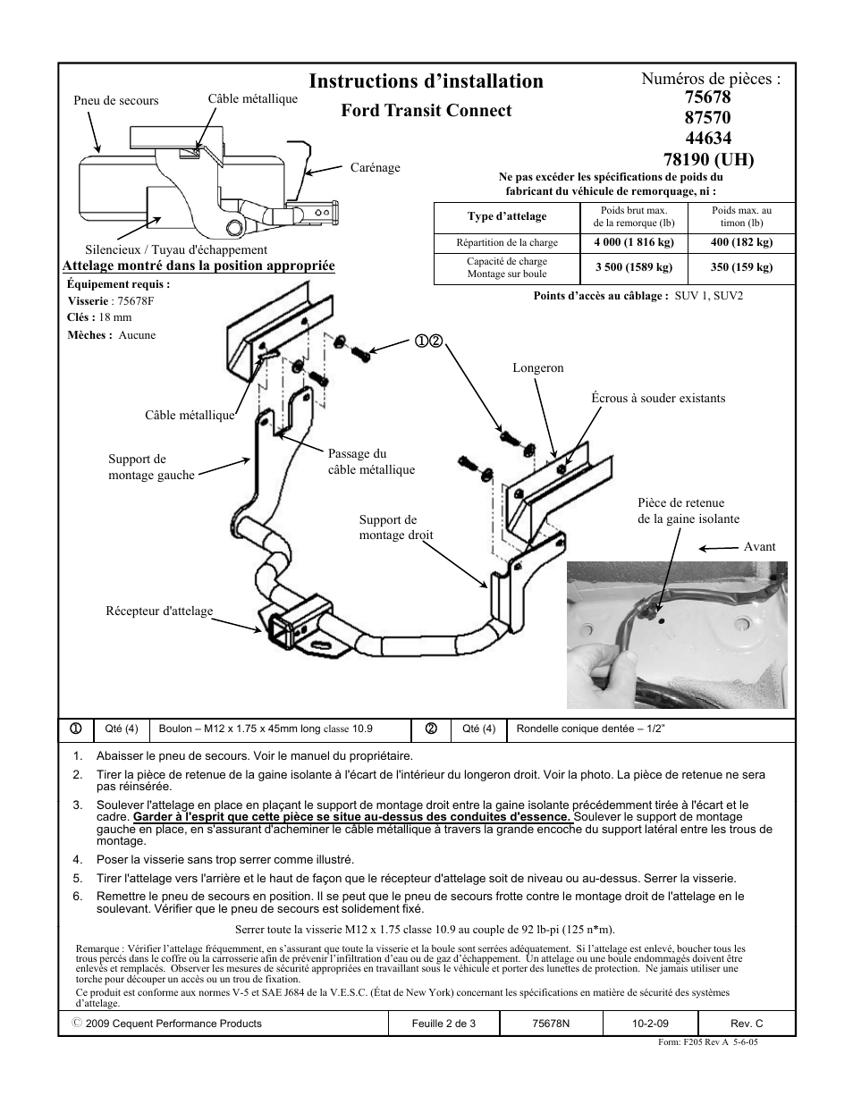 Instructions d’installation, Ford transit connect, Numéros de pièces | Reese 44634 PROFESSIONAL RECEIVER User Manual | Page 2 / 3