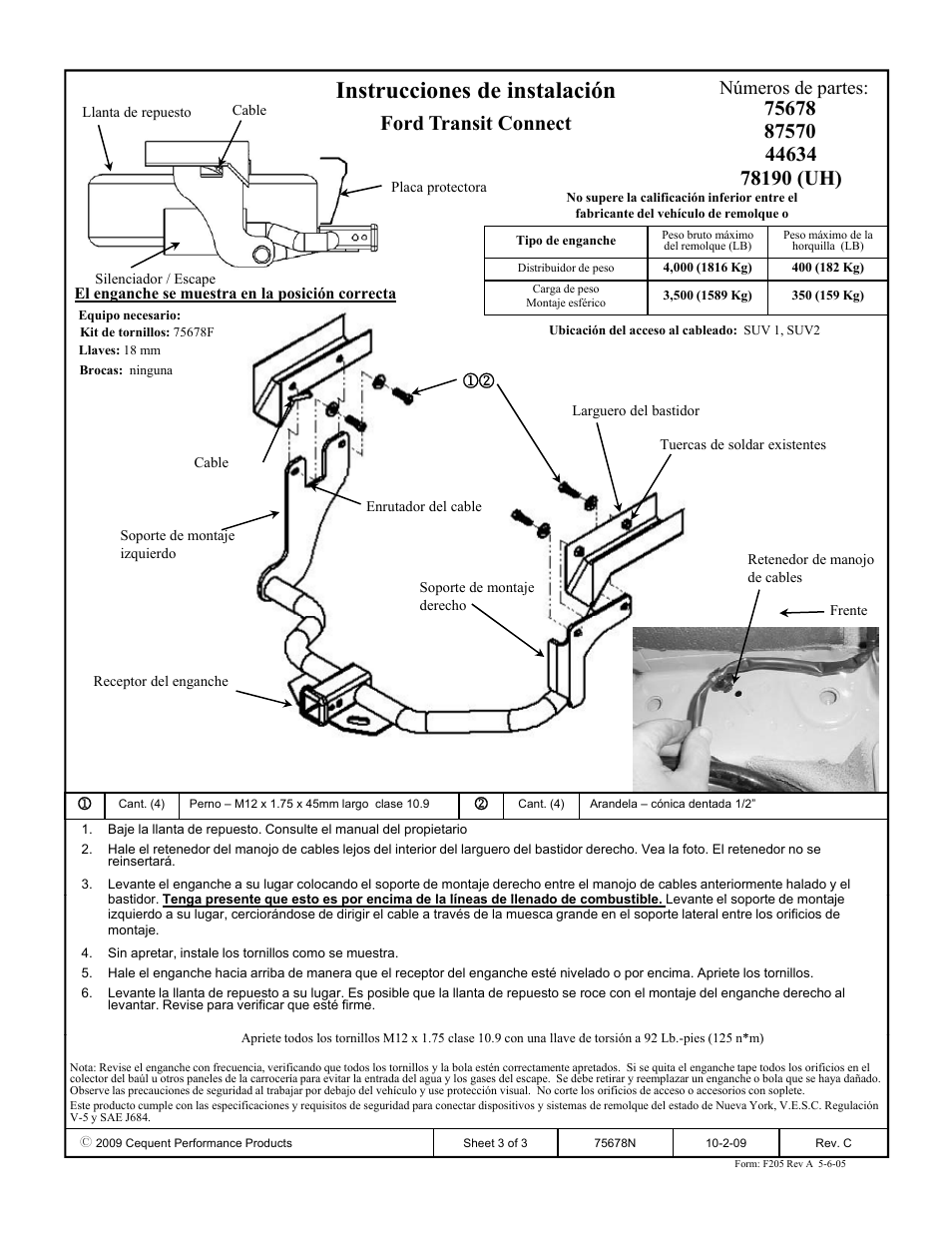 Instrucciones de instalación, Ford transit connect, Números de partes | Reese 44634 PROFESSIONAL RECEIVER User Manual | Page 3 / 3