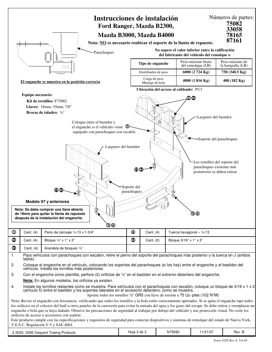 Instrucciones de instalación, Números de partes | Reese 33058 PROFESSIONAL RECEIVER User Manual | Page 3 / 3