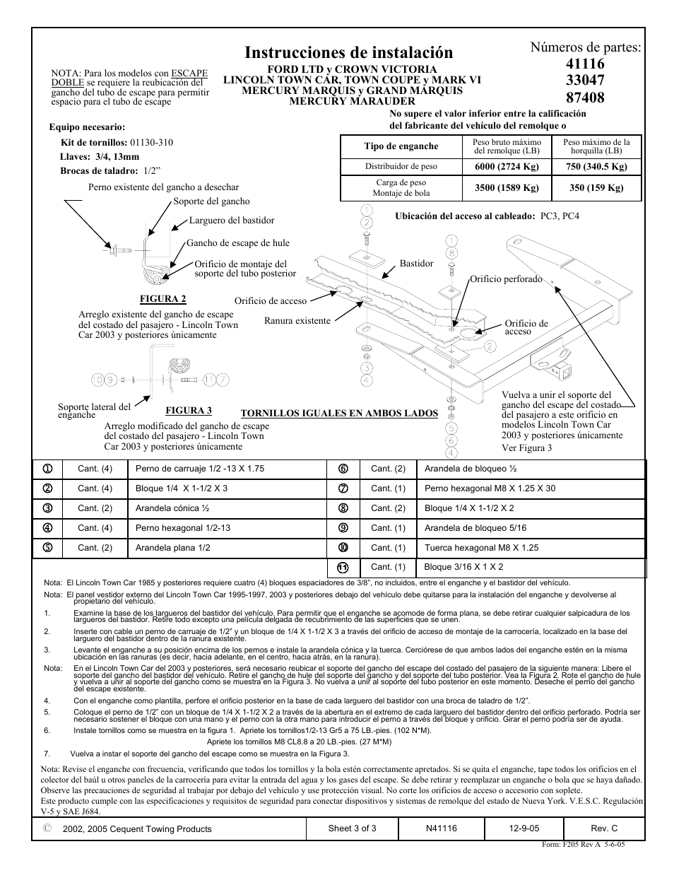 Instrucciones de instalación, Números de partes | Reese 33047 PROFESSIONAL RECEIVER User Manual | Page 3 / 3