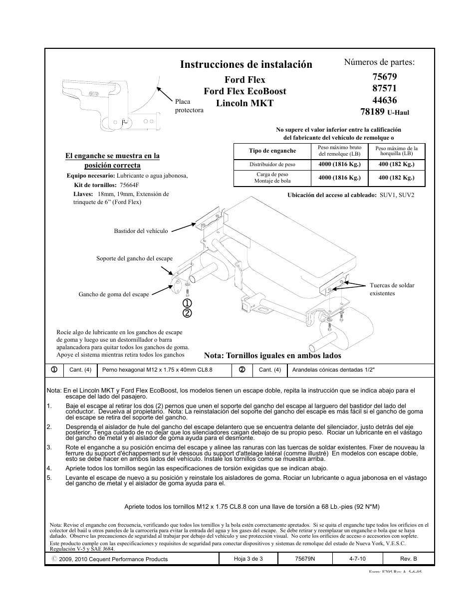 Instrucciones de instalación, Números de partes | Reese 44636 PROFESSIONAL RECEIVER User Manual | Page 3 / 3