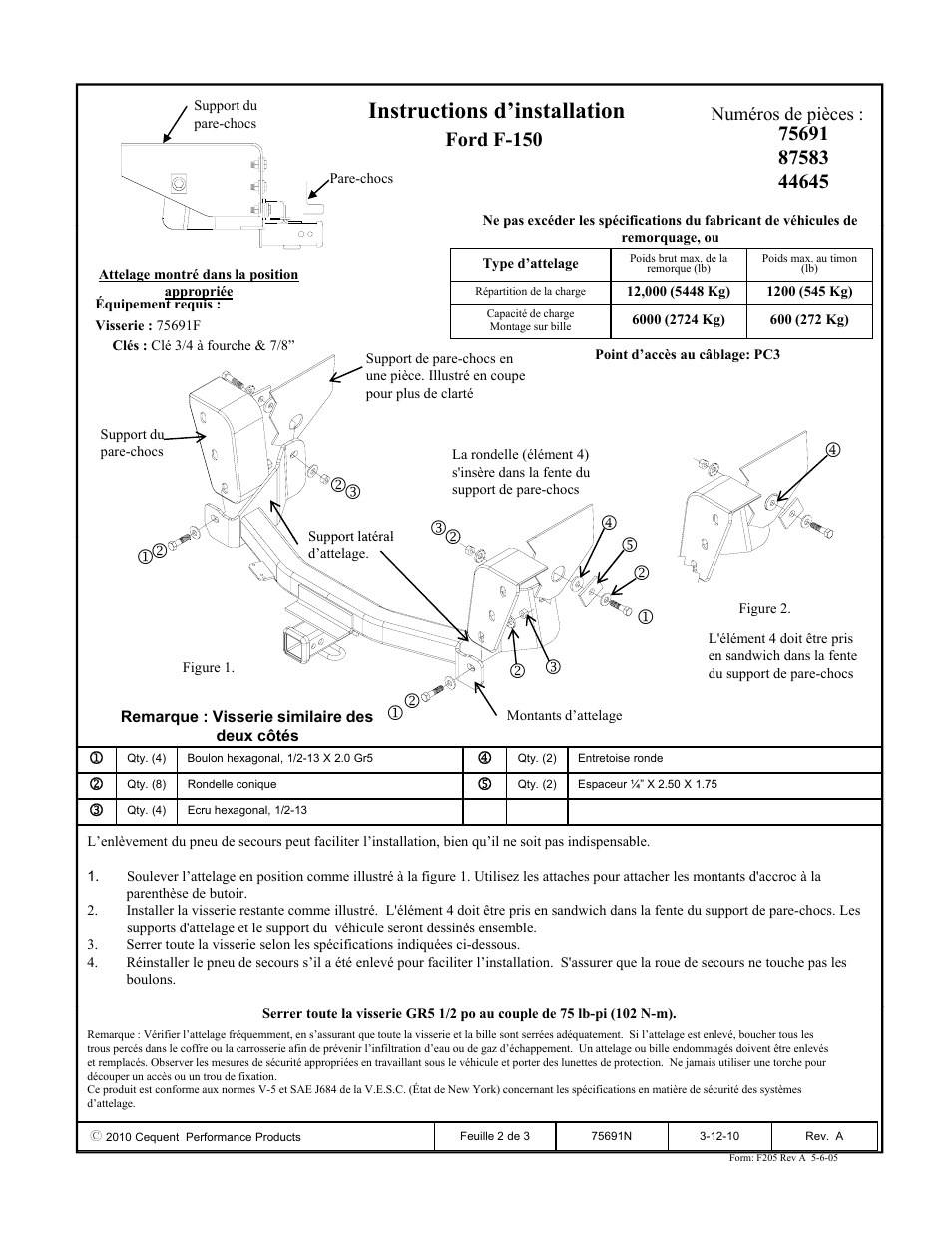 Instructions d’installation, Ford f-150 | Reese 44645 PROFESSIONAL RECEIVER User Manual | Page 2 / 3