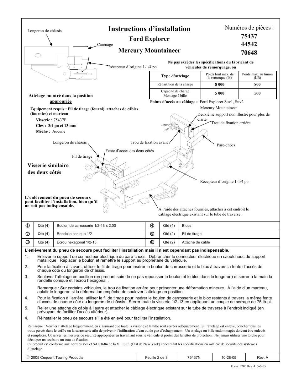 Instructions d’installation, Ford explorer mercury mountaineer, Numéros de pièces | Visserie similaire des deux côtés | Reese 44542 PROFESSIONAL RECEIVER User Manual | Page 2 / 3