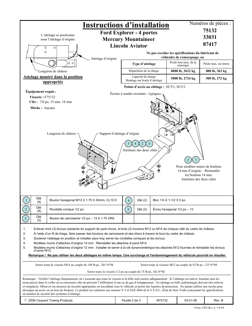 Instructions d’installation, Numéros de pièces | Reese 33031 PROFESSIONAL RECEIVER User Manual | Page 2 / 3