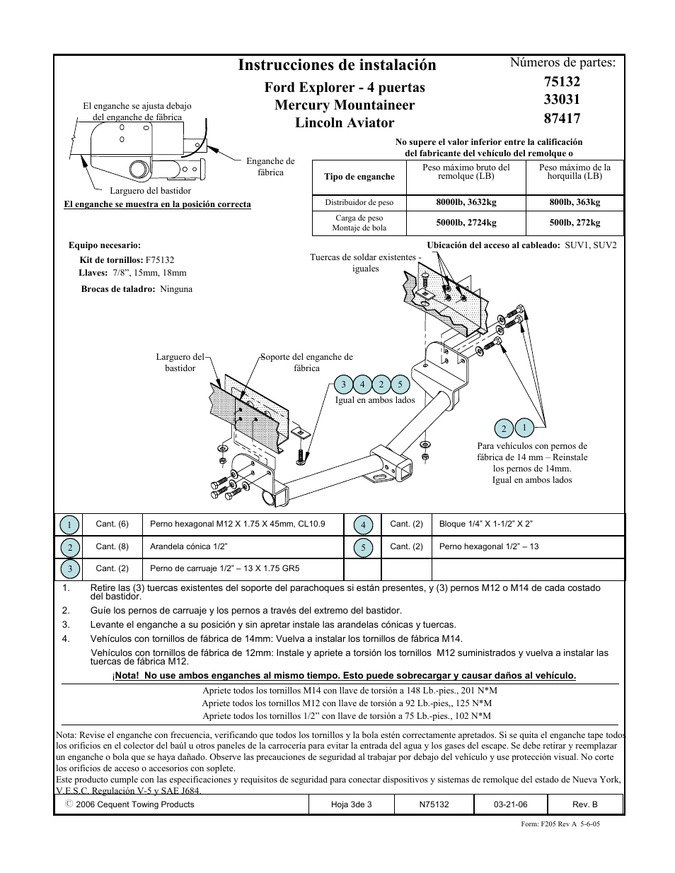 Instrucciones de instalación, Números de partes | Reese 33031 PROFESSIONAL RECEIVER User Manual | Page 3 / 3