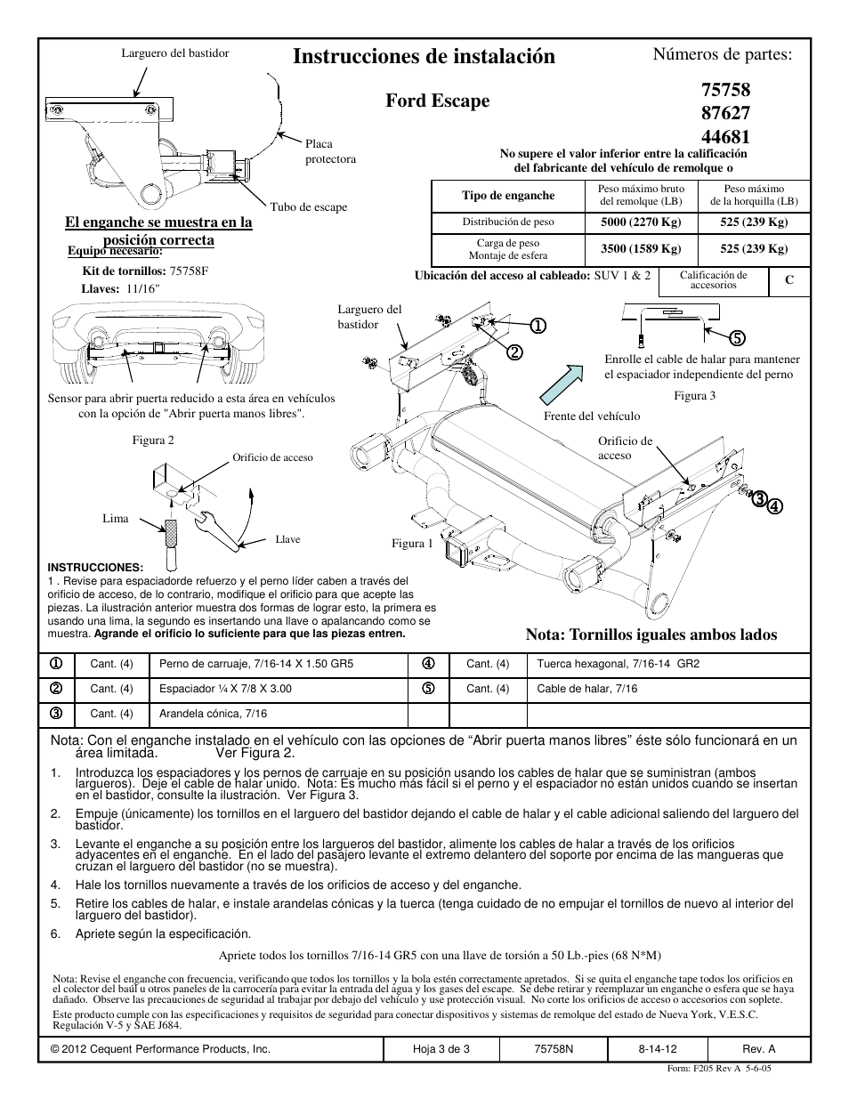 Instrucciones de instalación, Ford escape, Números de partes | Reese 44681 PROFESSIONAL RECEIVER User Manual | Page 3 / 3