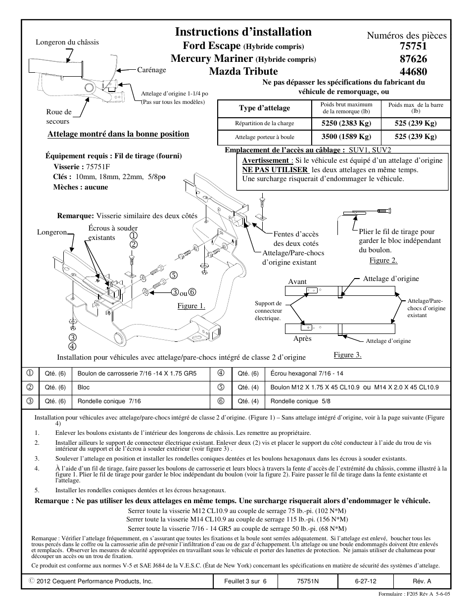 Instructions d’installation, Ford escape, Mercury mariner | Mazda tribute, Numéros des pièces | Reese 44680 PROFESSIONAL RECEIVER User Manual | Page 3 / 6