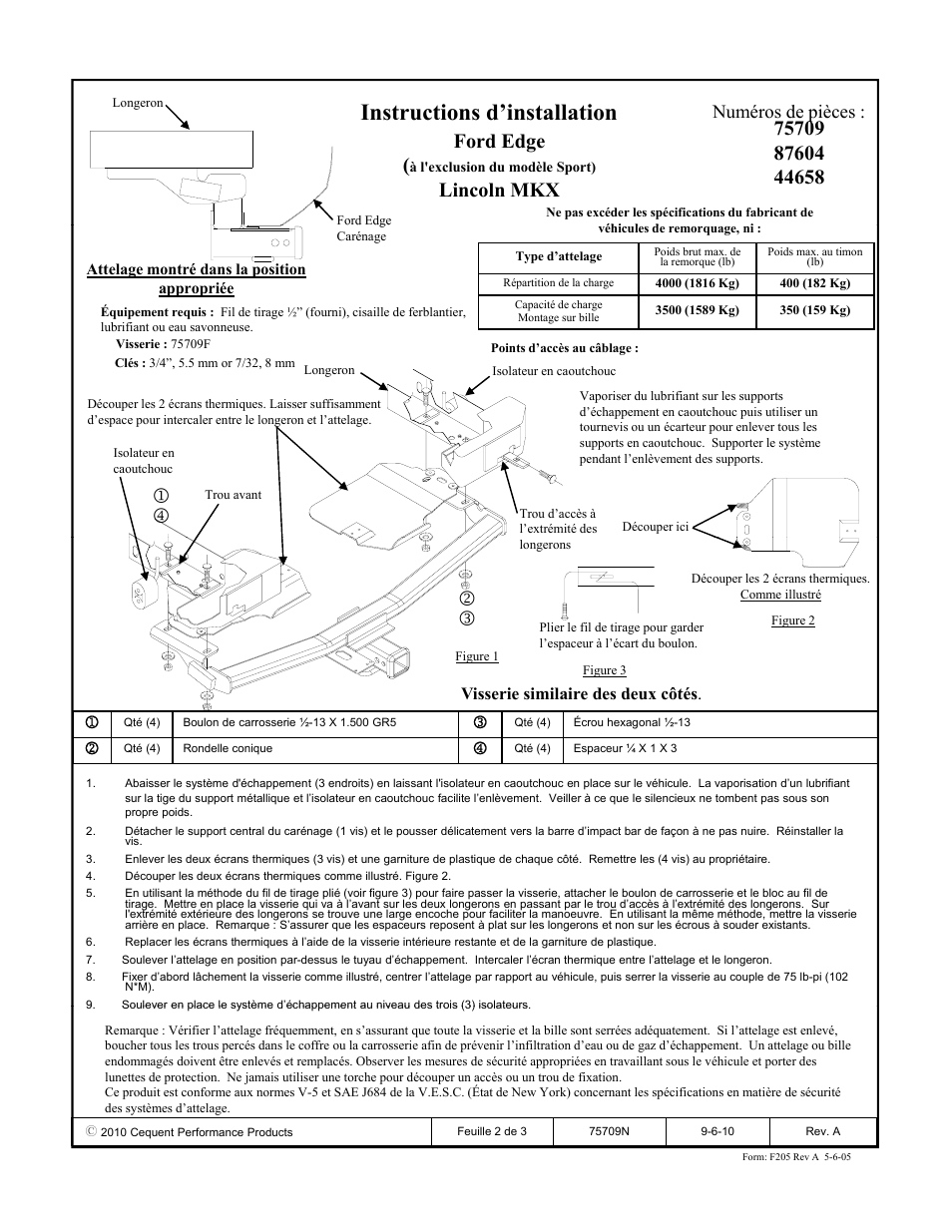 Instructions d’installation, Lincoln mkx, Numéros de pièces | Visserie similaire des deux côtés | Reese 44658 PROFESSIONAL RECEIVER User Manual | Page 2 / 3