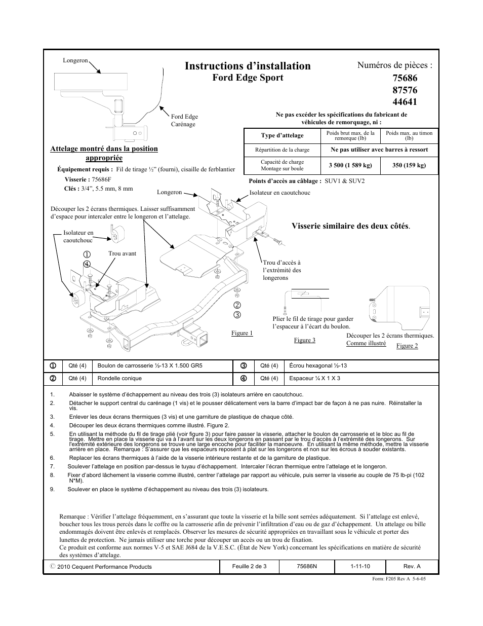 Instructions d’installation, Ford edge sport, Numéros de pièces | Reese 44641 PROFESSIONAL RECEIVER User Manual | Page 2 / 3