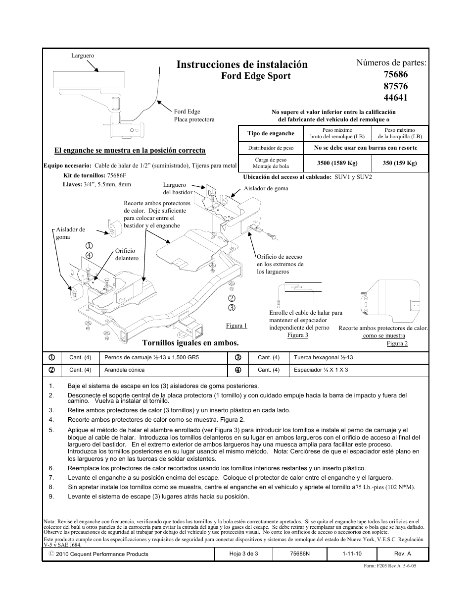 Instrucciones de instalación, Ford edge sport, Números de partes | Reese 44641 PROFESSIONAL RECEIVER User Manual | Page 3 / 3