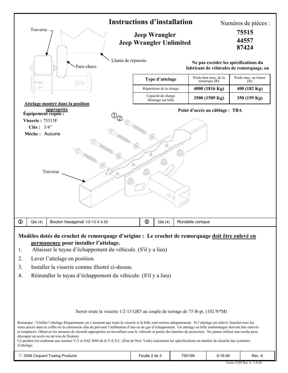 Instructions d’installation, Numéros de pièces | Reese 44557 PROFESSIONAL RECEIVER User Manual | Page 2 / 3