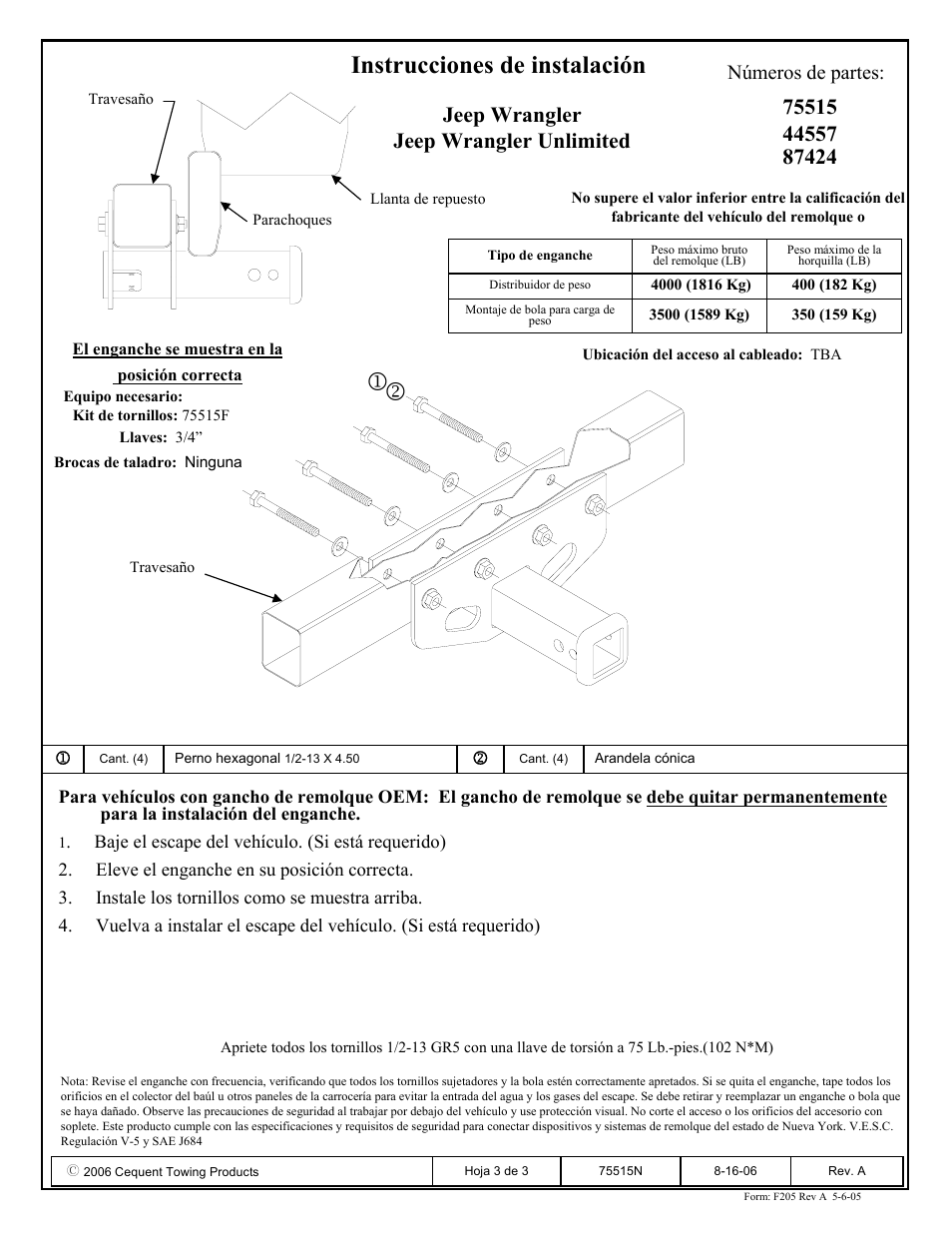Instrucciones de instalación, Números de partes | Reese 44557 PROFESSIONAL RECEIVER User Manual | Page 3 / 3