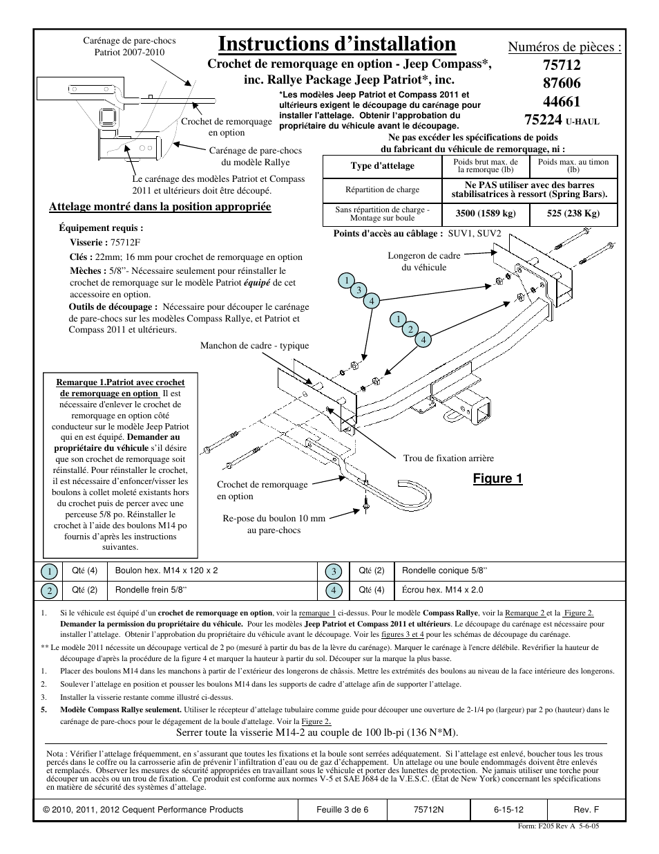 Instructions d’installation, Numéros de pièces, Figure 1 | Attelage montré dans la position appropriée | Reese 44661 PROFESSIONAL RECEIVER User Manual | Page 3 / 6
