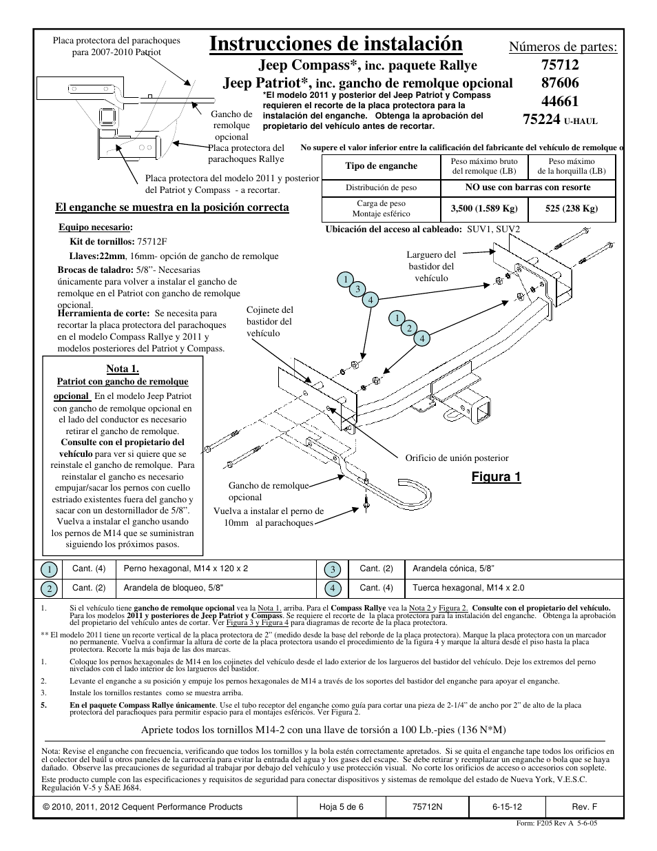 Instrucciones de instalación, Jeep compass, Jeep patriot | Paquete rallye, Gancho de remolque opcional números de partes, Figura 1 | Reese 44661 PROFESSIONAL RECEIVER User Manual | Page 5 / 6