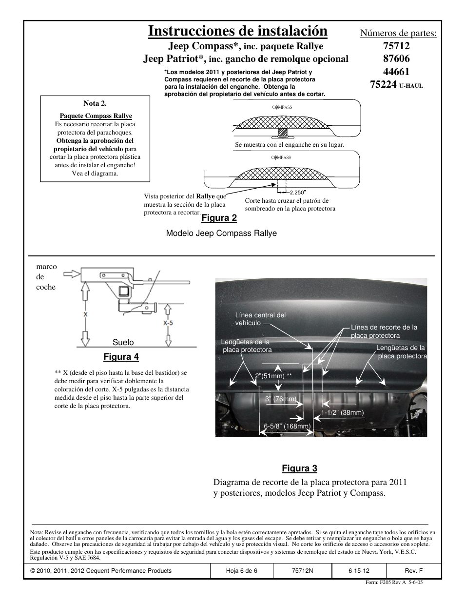 Instrucciones de instalación, Jeep compass, Jeep patriot | Paquete rallye, Gancho de remolque opcional números de partes | Reese 44661 PROFESSIONAL RECEIVER User Manual | Page 6 / 6