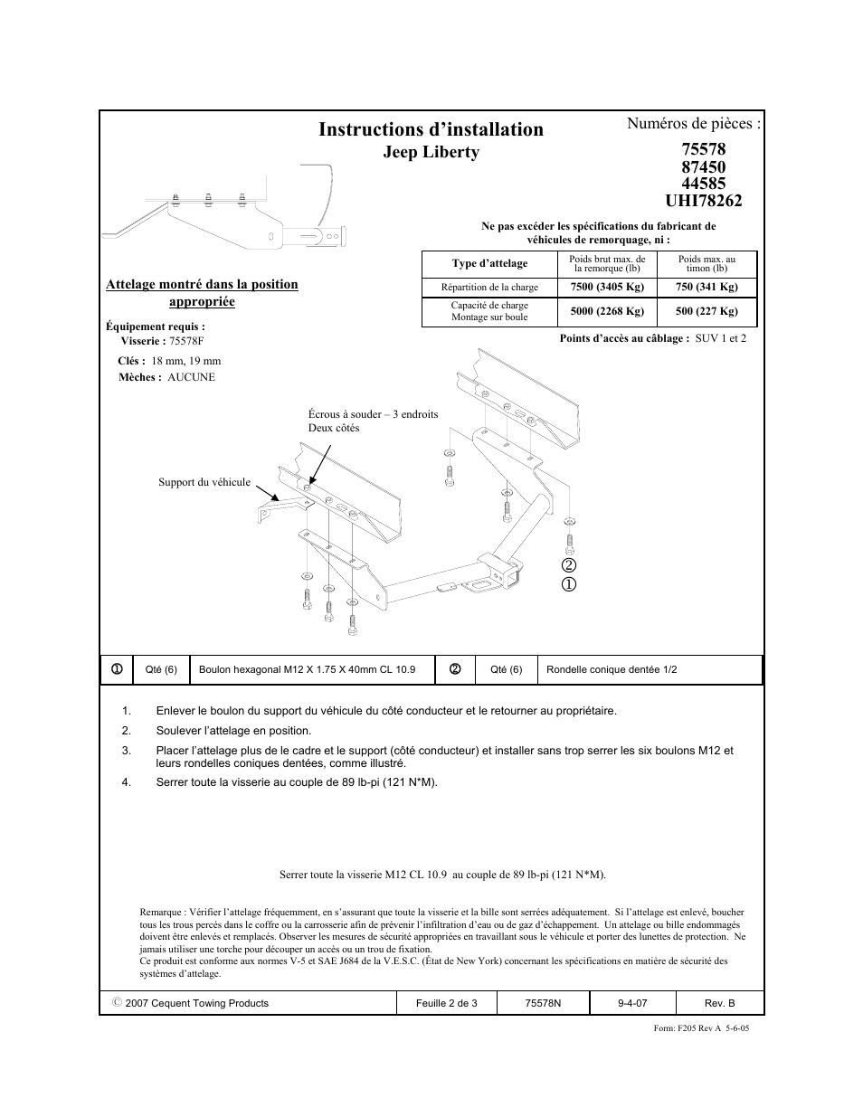 Instructions d’installation, Jeep liberty, Numéros de pièces | Reese 44585 PROFESSIONAL RECEIVER User Manual | Page 2 / 3