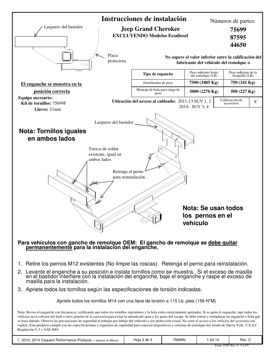 Instrucciones de instalación, Jeep grand cherokee, Nota: tornillos iguales en ambos lados | Números de partes | Reese 44650 PROFESSIONAL RECEIVER User Manual | Page 3 / 3