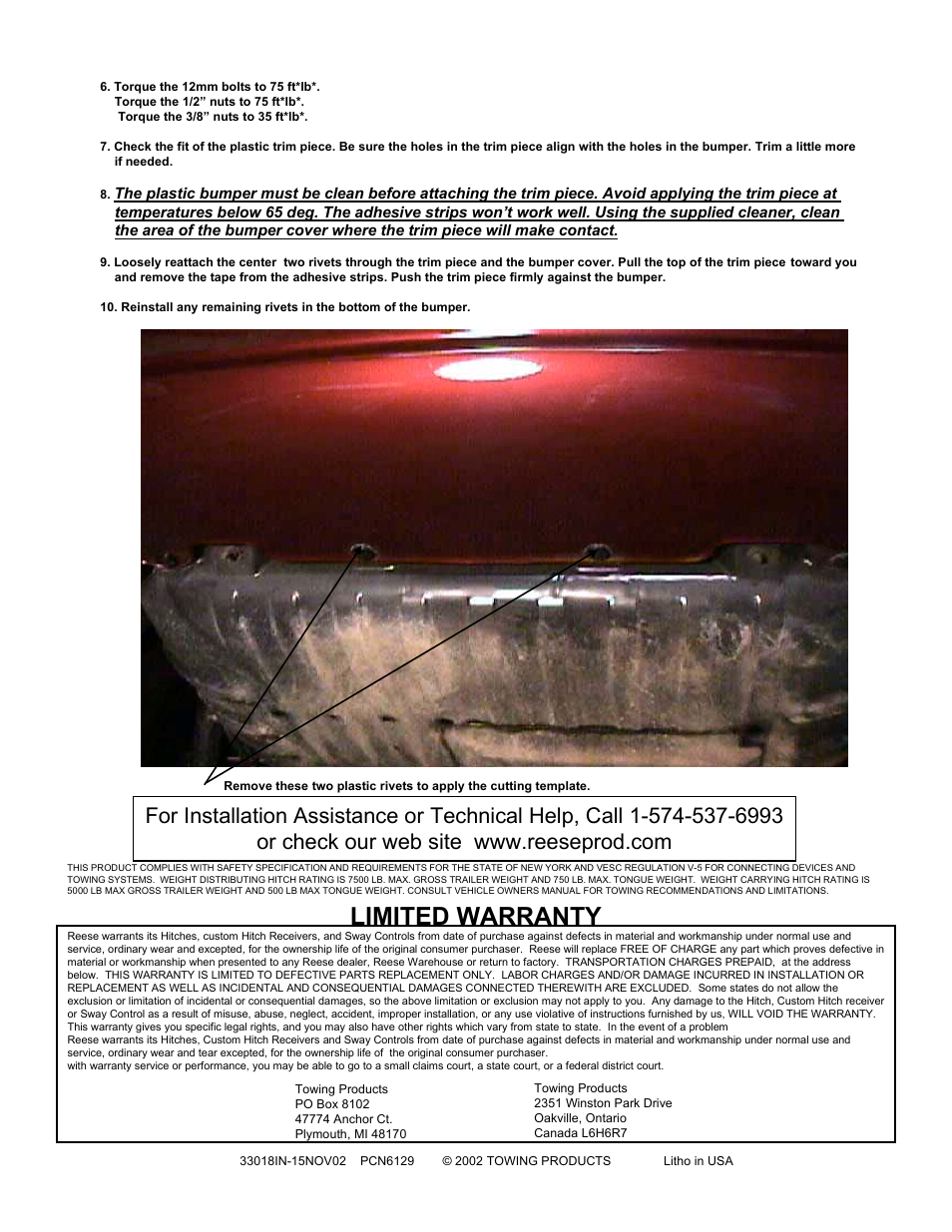 Limited warranty | Reese 33018 PROFESSIONAL RECEIVER User Manual | Page 2 / 2