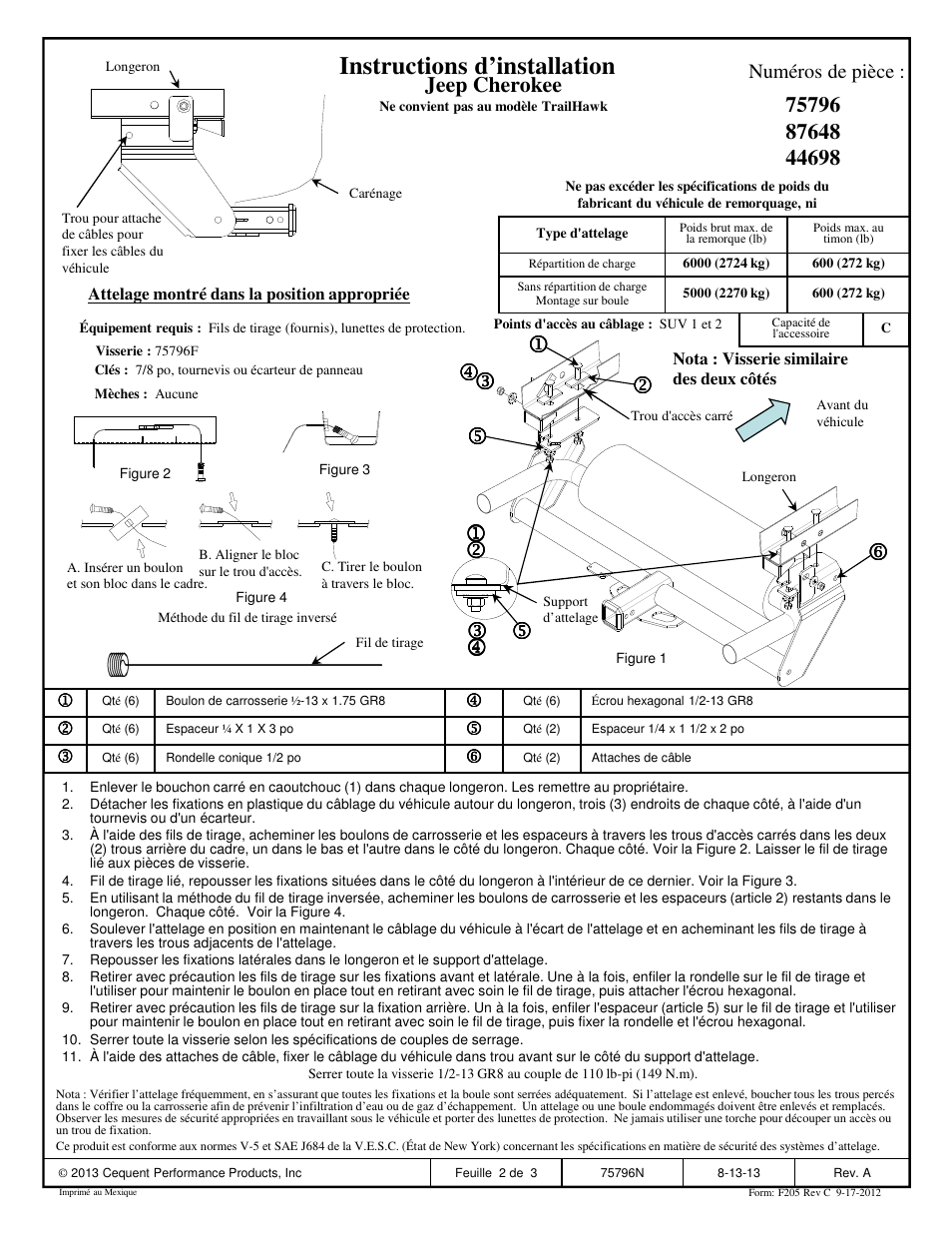 Instructions d’installation, Jeep cherokee | Reese 44698 PROFESSIONAL RECEIVER User Manual | Page 2 / 3