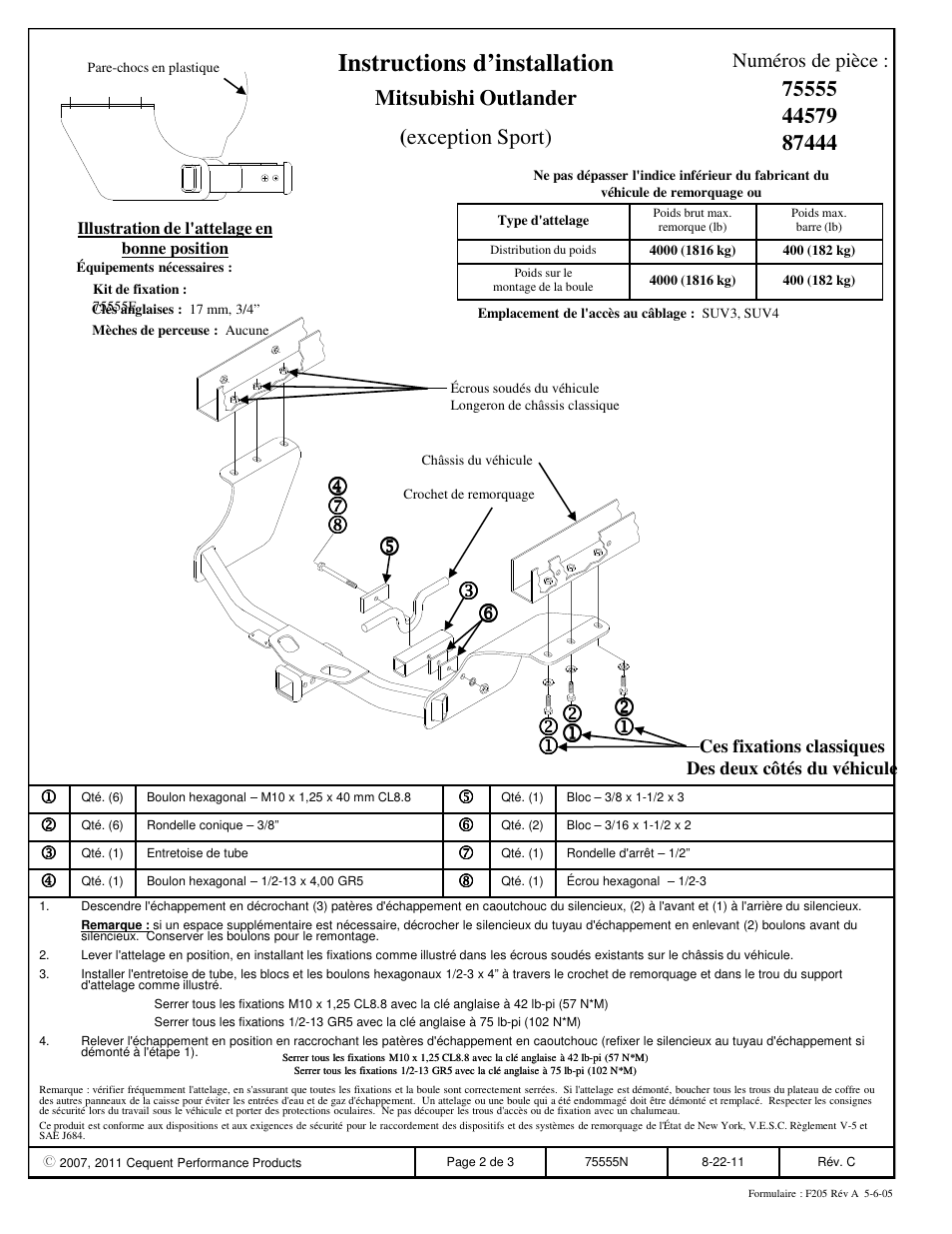 Instructions d’installation | Reese 44579 PROFESSIONAL RECEIVER User Manual | Page 2 / 3