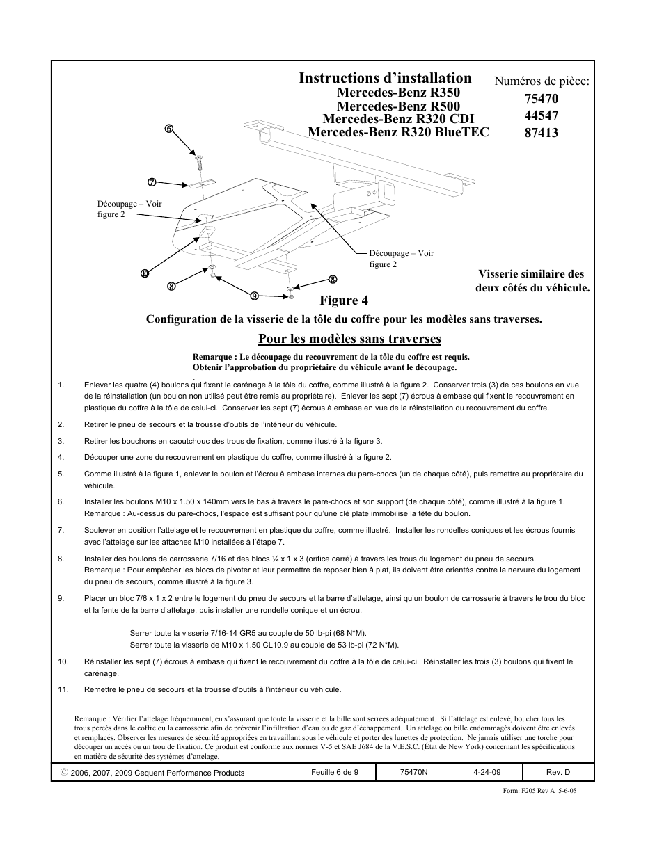 Instructions d’installation, Figure 4, Numéros de pièce | Reese 44547 PROFESSIONAL RECEIVER User Manual | Page 6 / 9