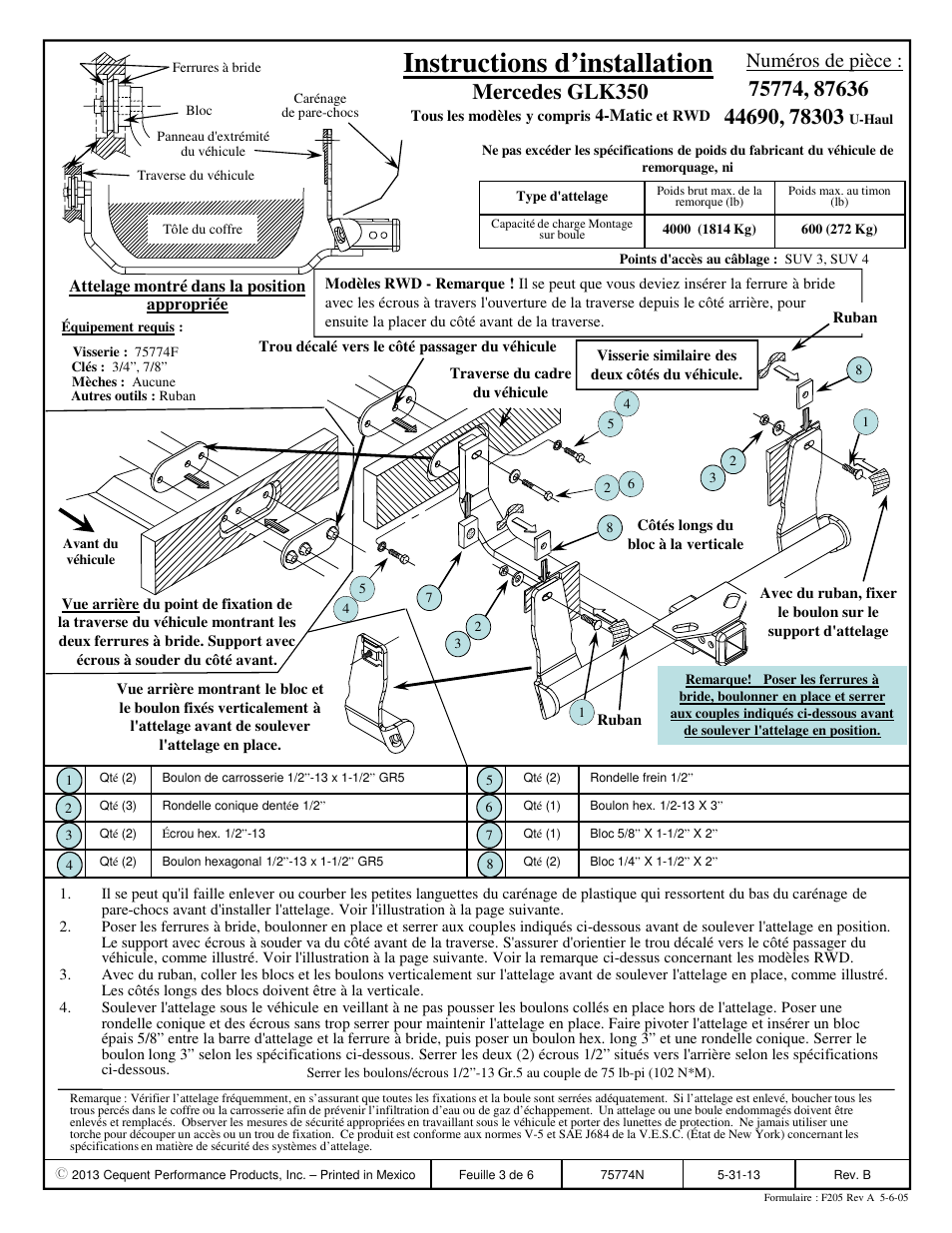Instructions d’installation, Mercedes glk350, Numéros de pièce | Reese 44690 PROFESSIONAL RECEIVER User Manual | Page 3 / 6