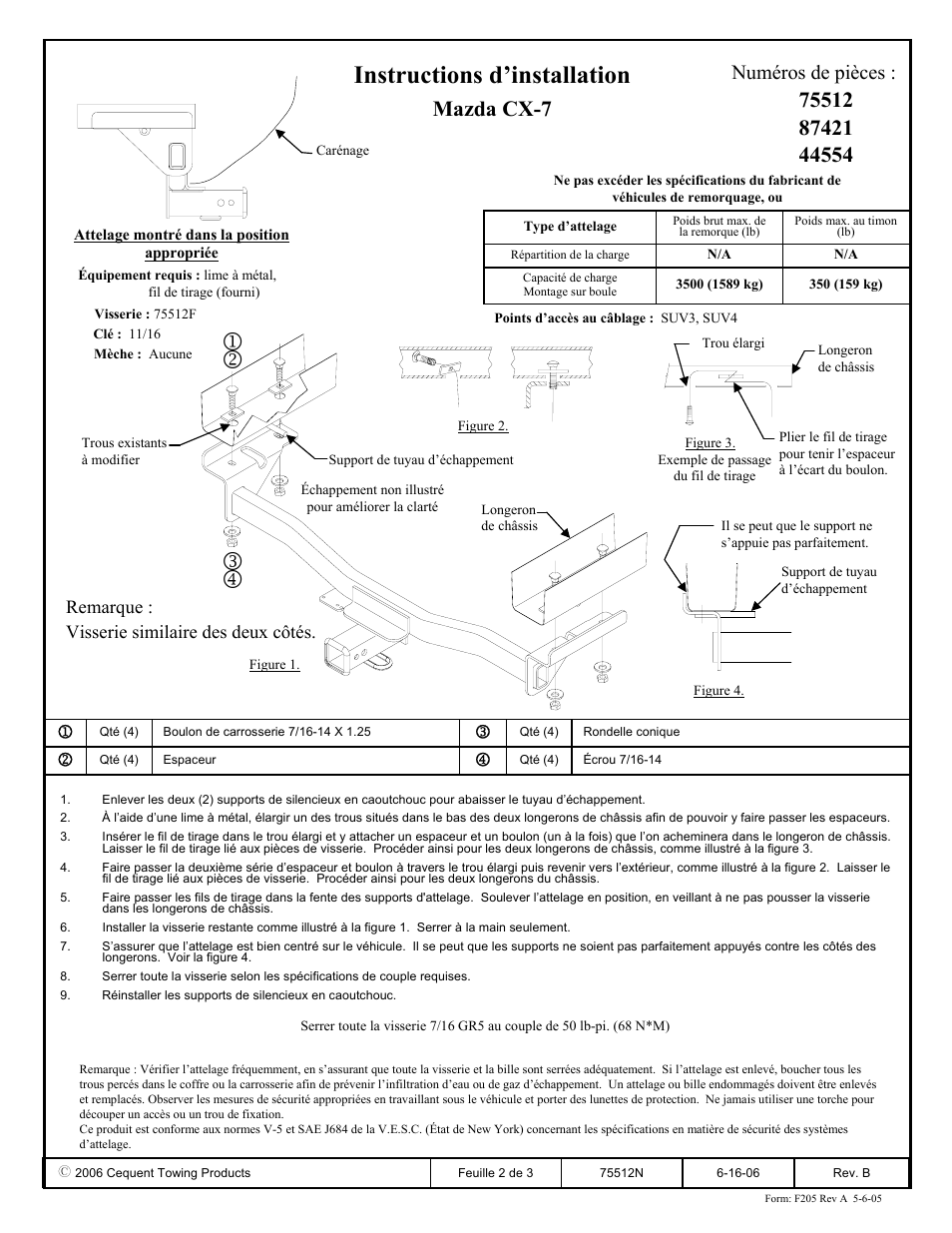 Instructions d’installation, Mazda cx-7, Numéros de pièces | Remarque : visserie similaire des deux côtés | Reese 44554 PROFESSIONAL RECEIVER User Manual | Page 2 / 3