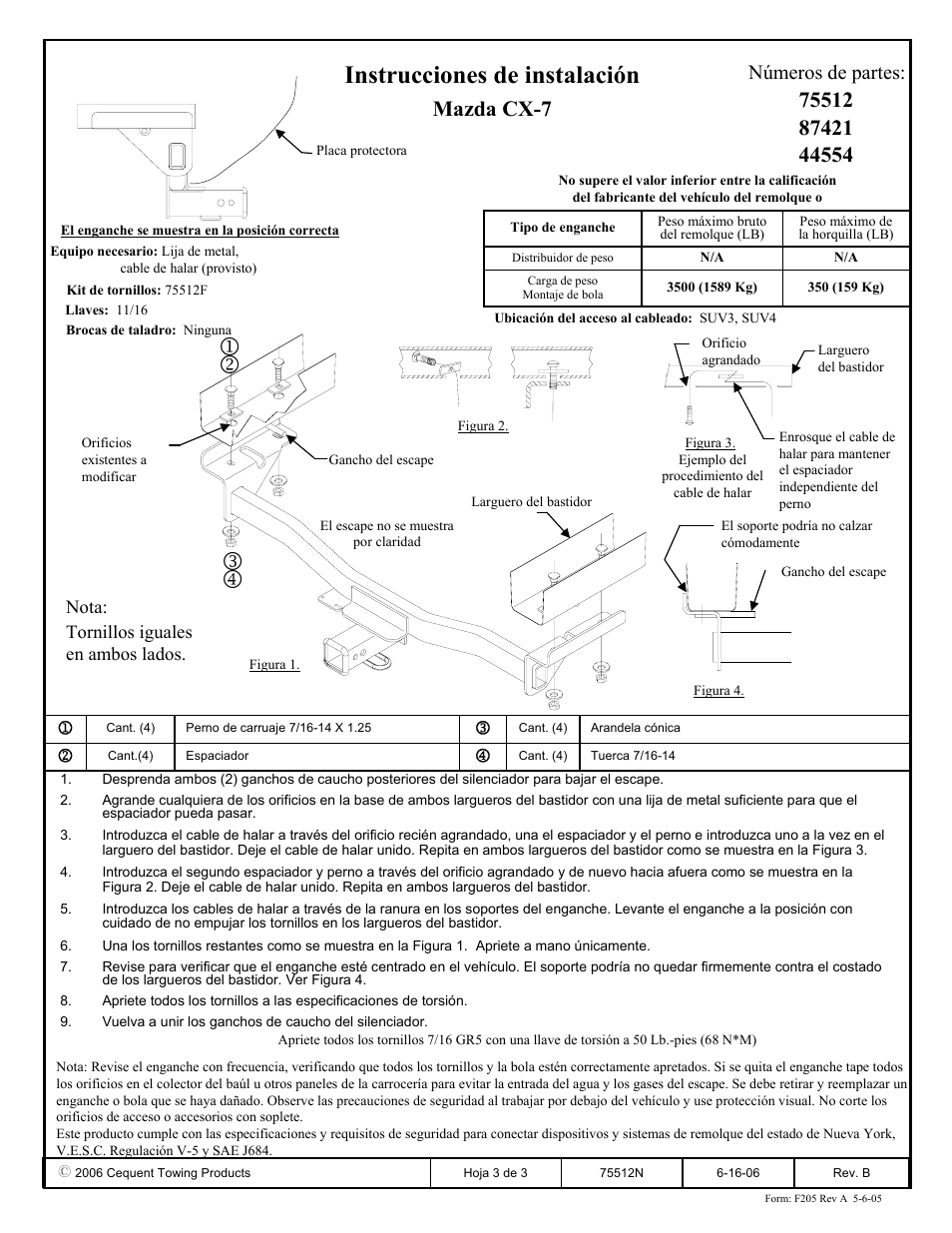 Instrucciones de instalación, Mazda cx-7, Números de partes | Reese 44554 PROFESSIONAL RECEIVER User Manual | Page 3 / 3